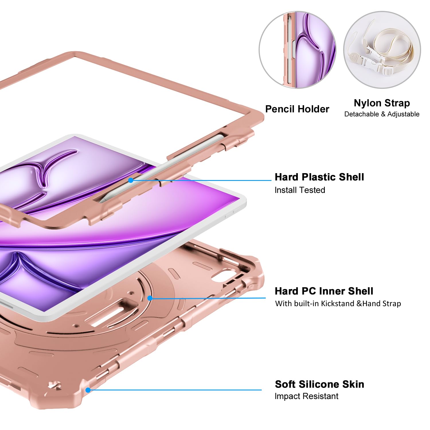 Ztotopcases For New Ipad Air 13 Inch Case (M2) 2024, Shockproof Full Body Protective Cover With 360 Rotating Hand Strap &Stand,