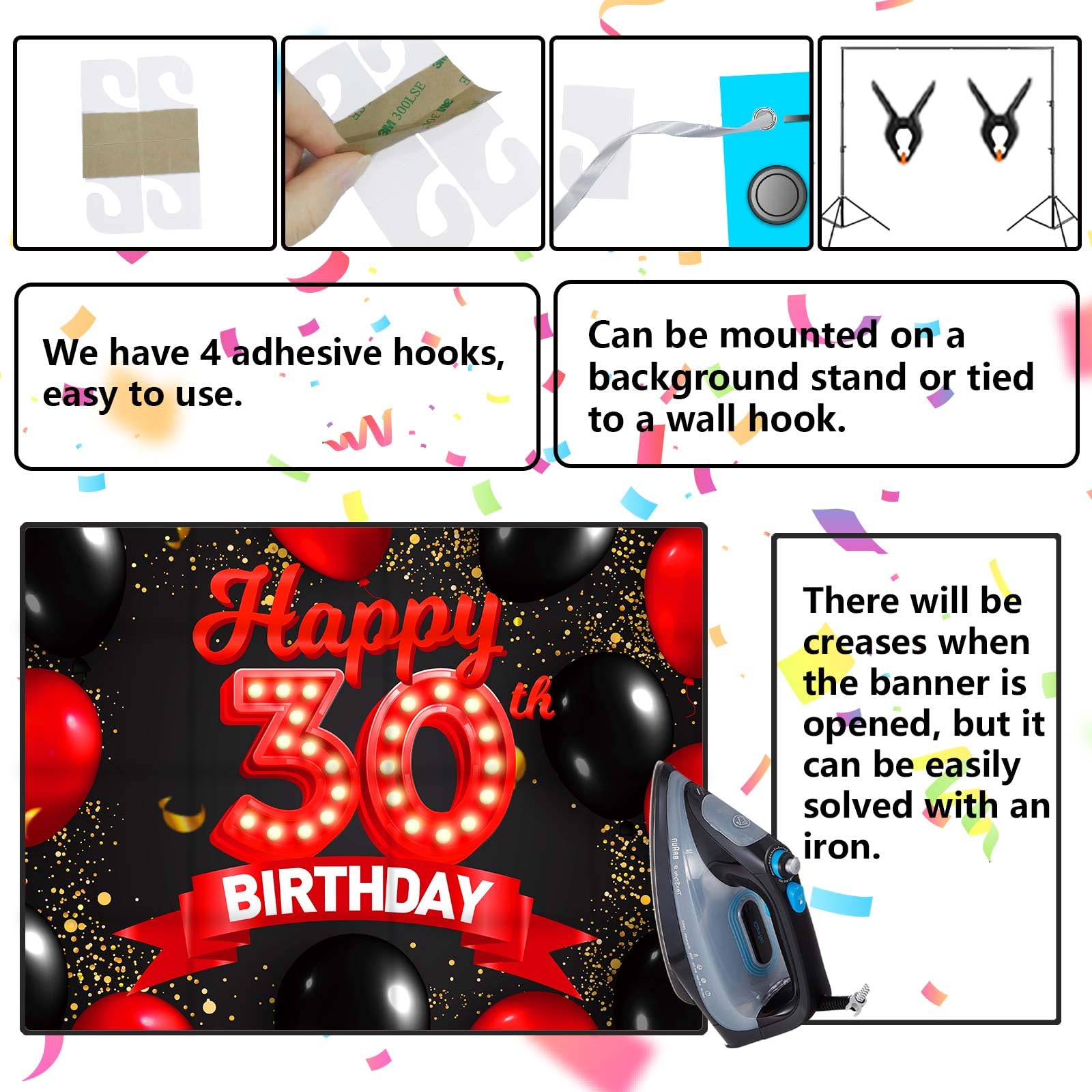 Happy 30Th Birthday Red And Black Banner Backdrop Decorations Balloons Theme Decor For Girls Women Princess 30 Years Old Birthda