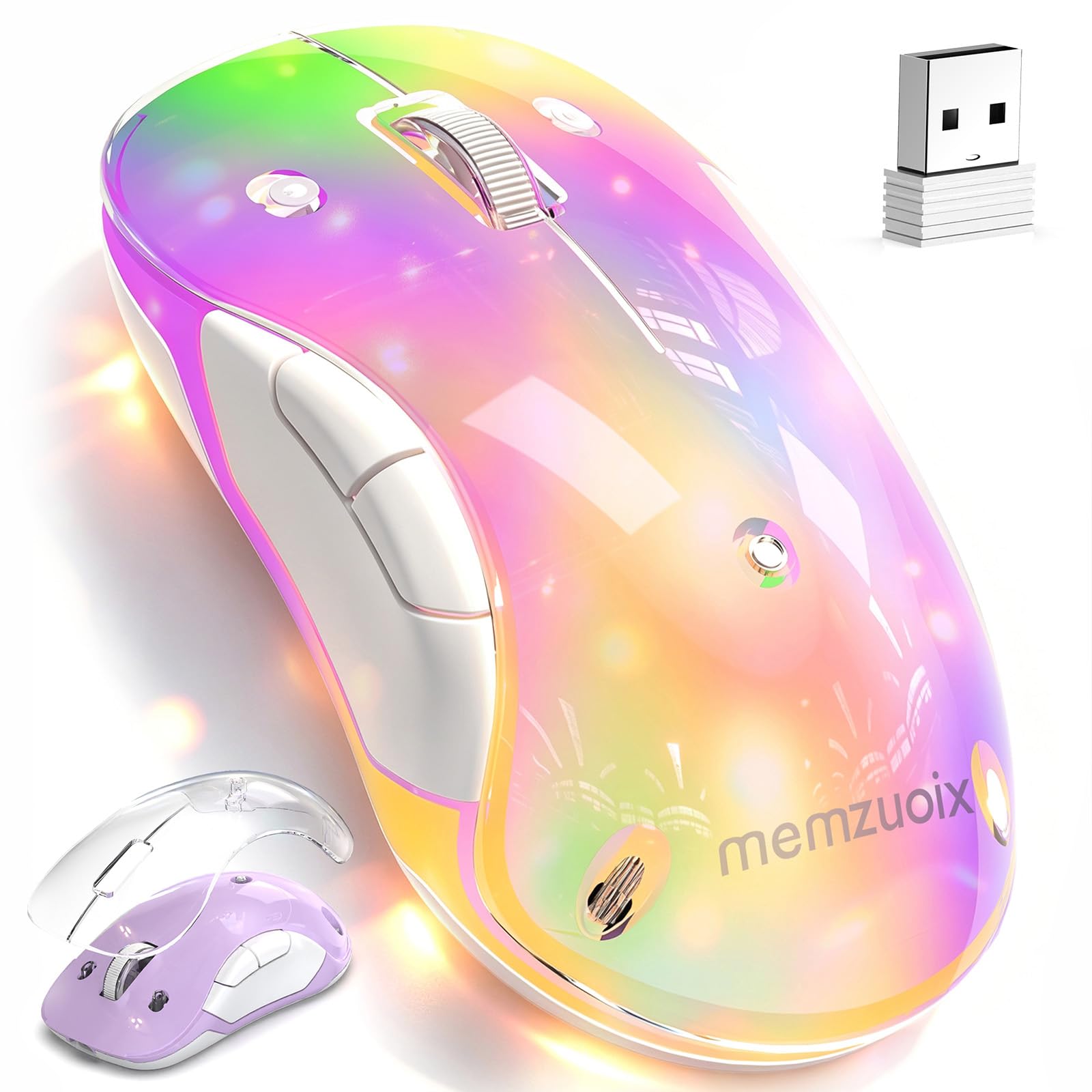 qaf 2.4G Wireless RGB LED Rechargeable Mouse, Transparent Computer Mouse with Detachable Magnetic Cover, 1400 DPI Optical Tracki