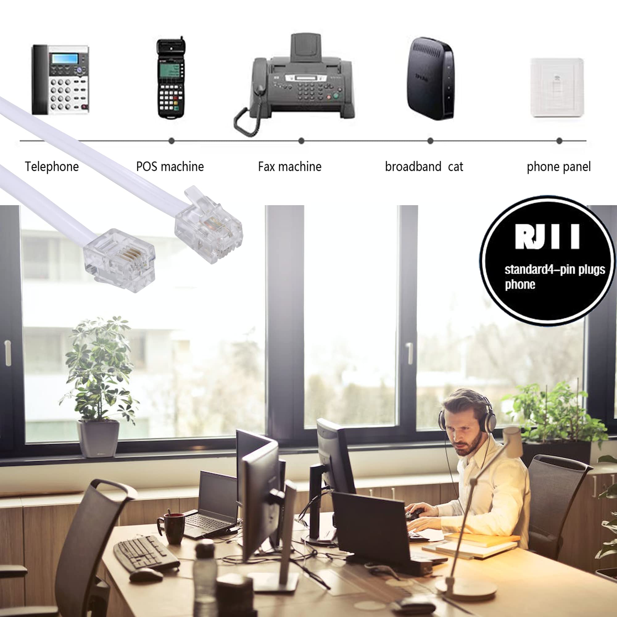 Ubramac 25Feet Long Telephone Extension Cord Phone Cable Line Wire, With Standard Rj11 Plug And 1 In Line Couplers And 20 Cable