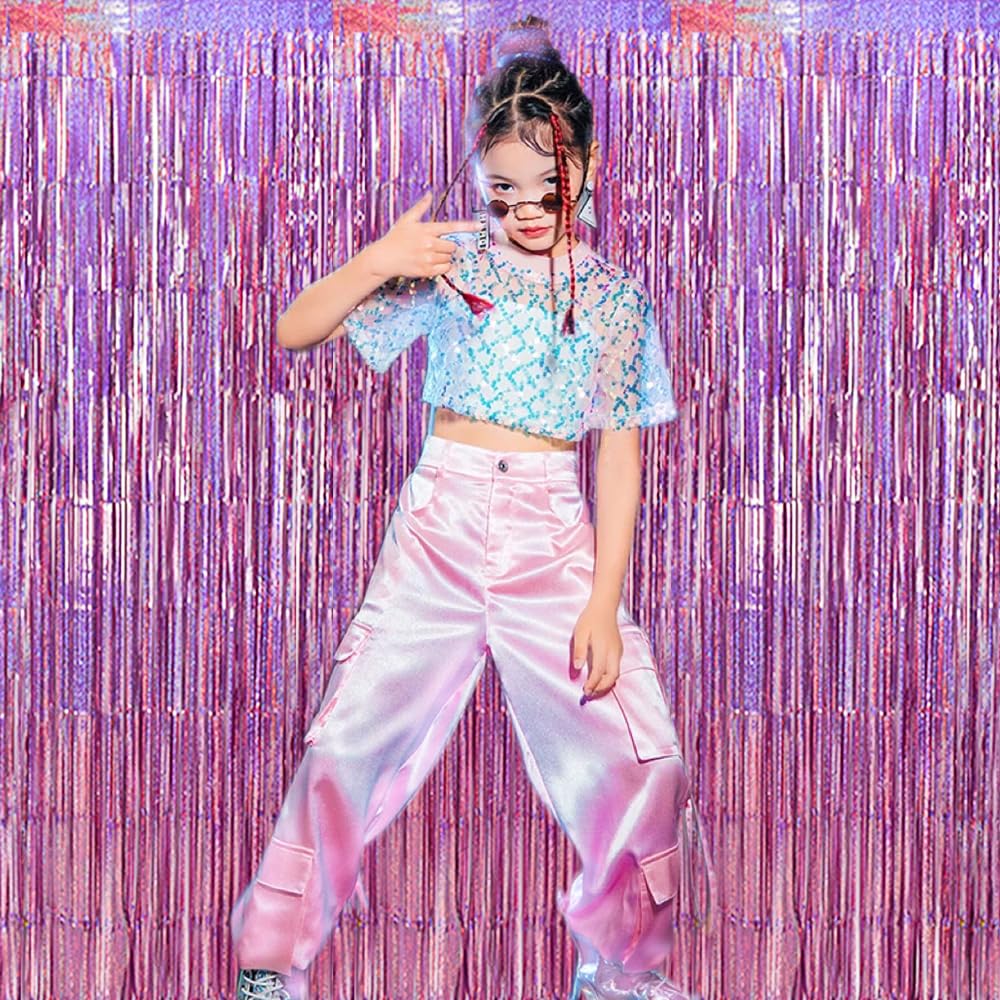 Toniful 3Pcs Laser Light Pink Door Streamers,Laser Pink Photo Booth Backdrop Metallic Streamers Pink Foil Fringe Curtains For Bi