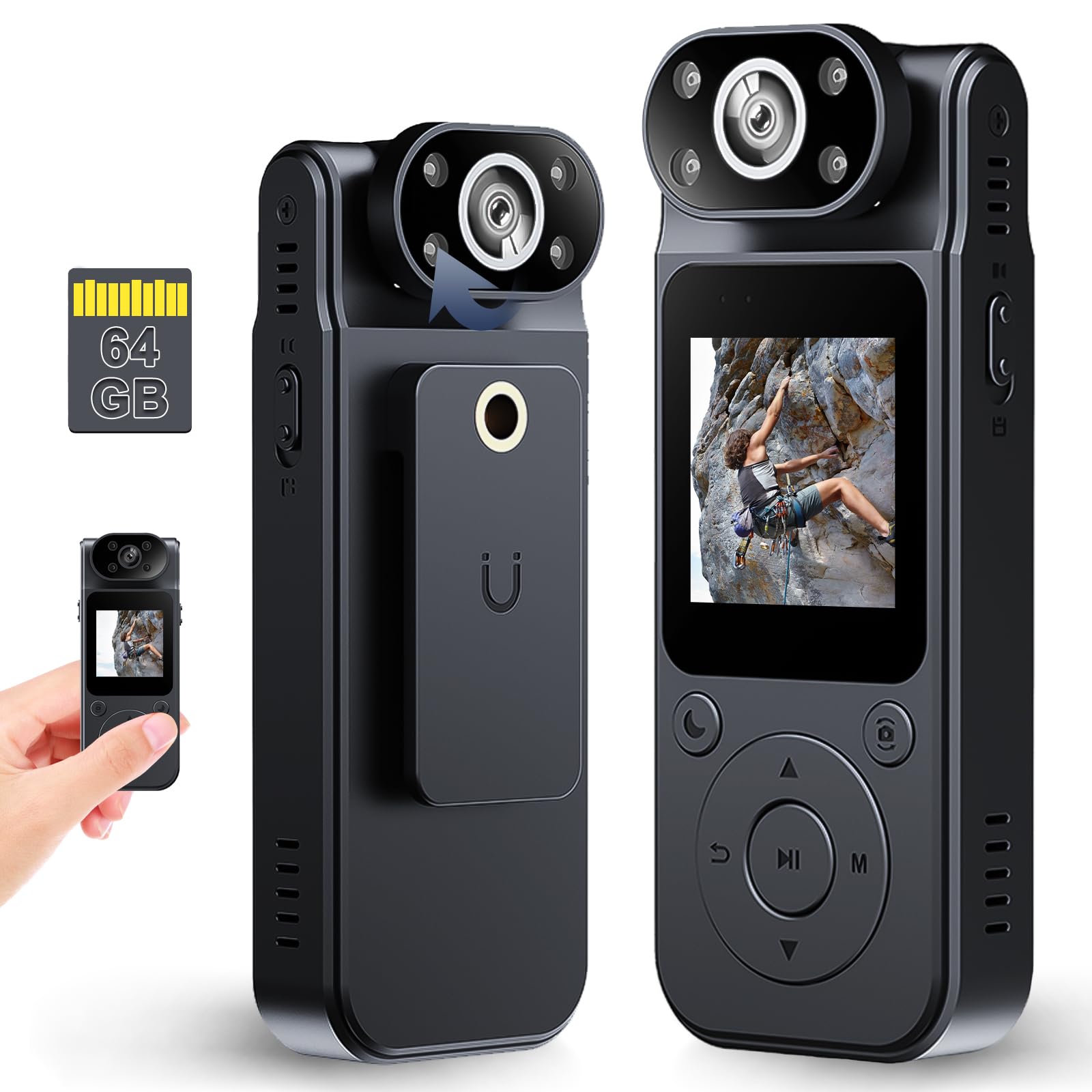Body Camera, 1080P HD Body Cam with 64GB Card, Pocket Wearable Body Cameras with Audio & Video Recording, Portable Small POV Cam