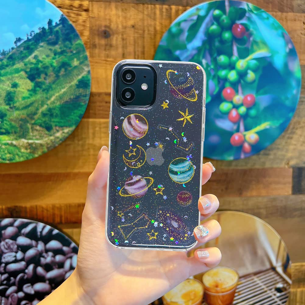 Abbery For Iphone 11 Case Space Theme Cute Glitter Sparkle Clear With Design Soft Silicone Tpu Flexible Rubber Universe Rainbow