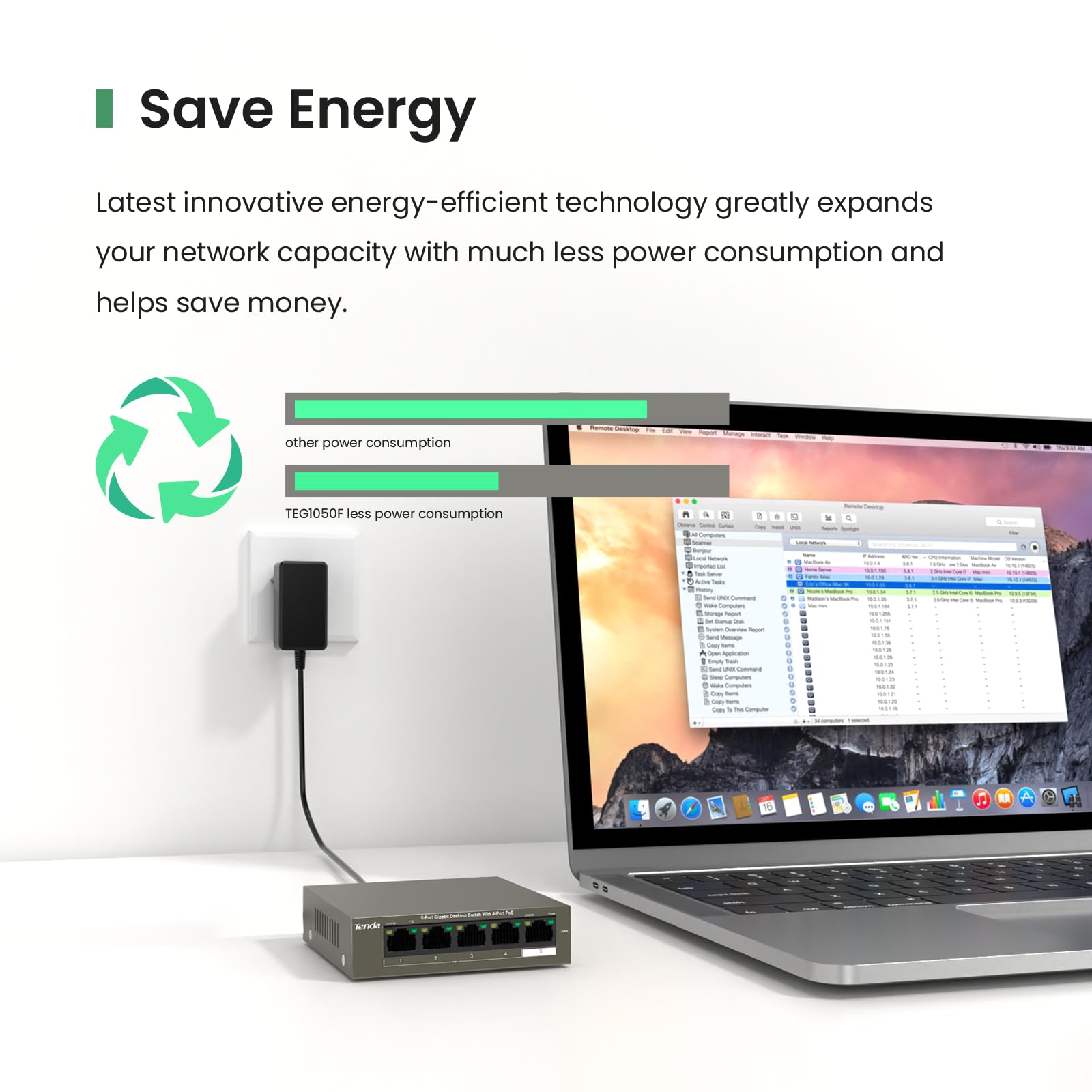 Tenda Teg1105P, 5 Port Gigabit Poe Switch Compatible With Ieee 802.3Af/At Devices, Unmanaged Poe Switch With 4 Port Poe+@63W, Pl