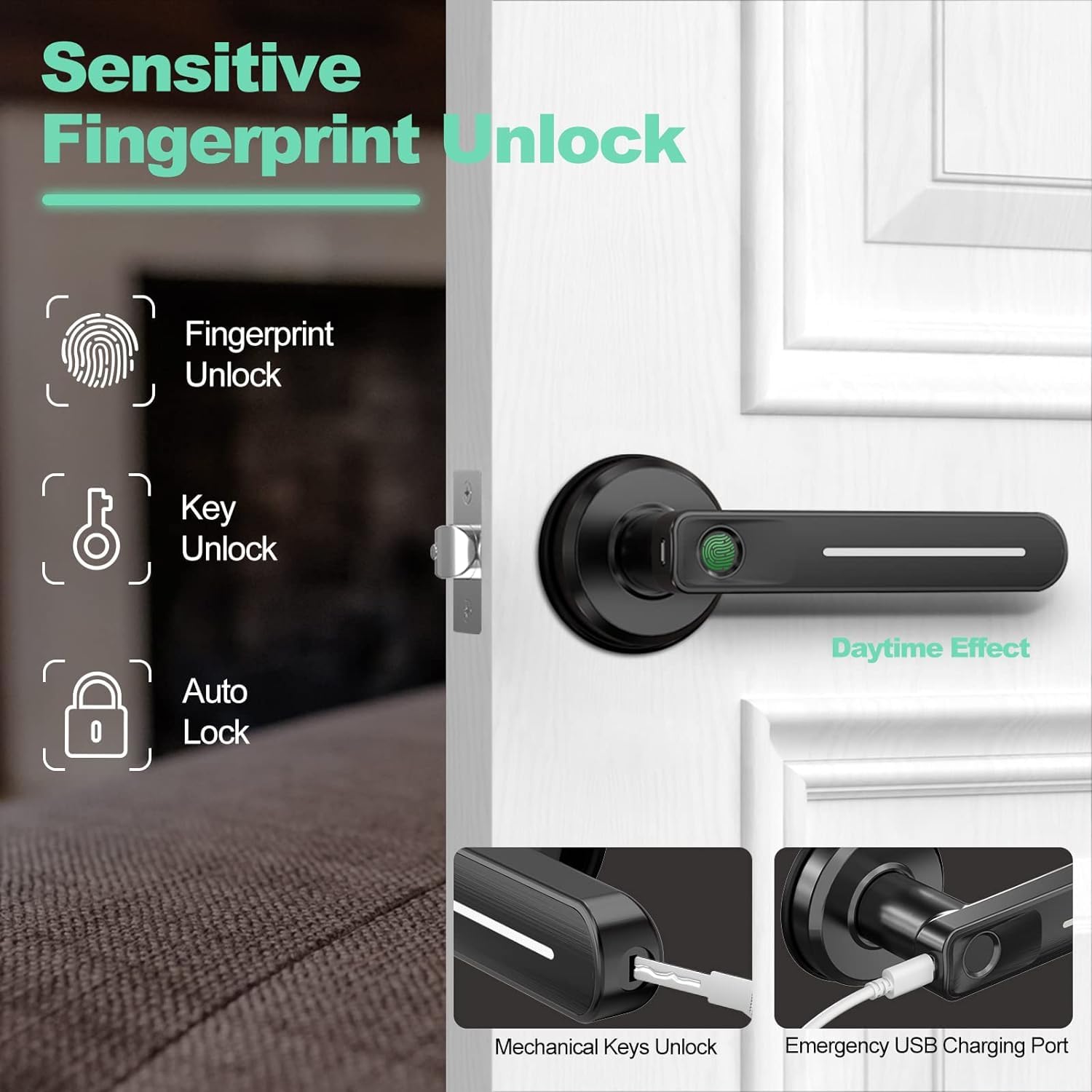 Geektale Fingerprint Door Lock, Biometric Door Lock Keyless Entry Door Locks With Handle, Smart Door Handle Fingerprint Door Kno