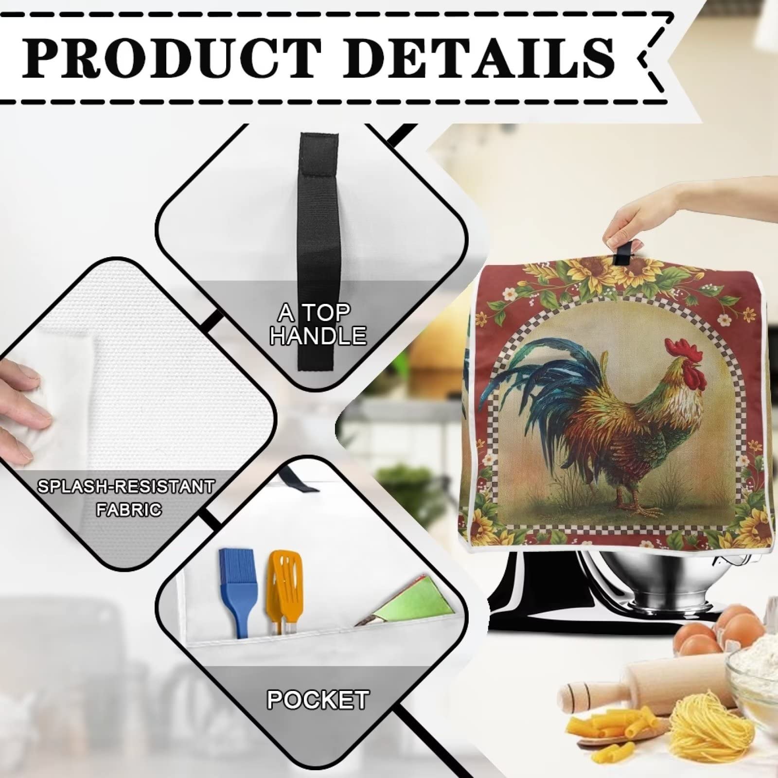 Annejudy Kitchen Aid Mixer Cover, Sunflower Rooster Print Kitchen Stand Mixer Dust Cover With Handle, Kitchen Aid Covers For Sta