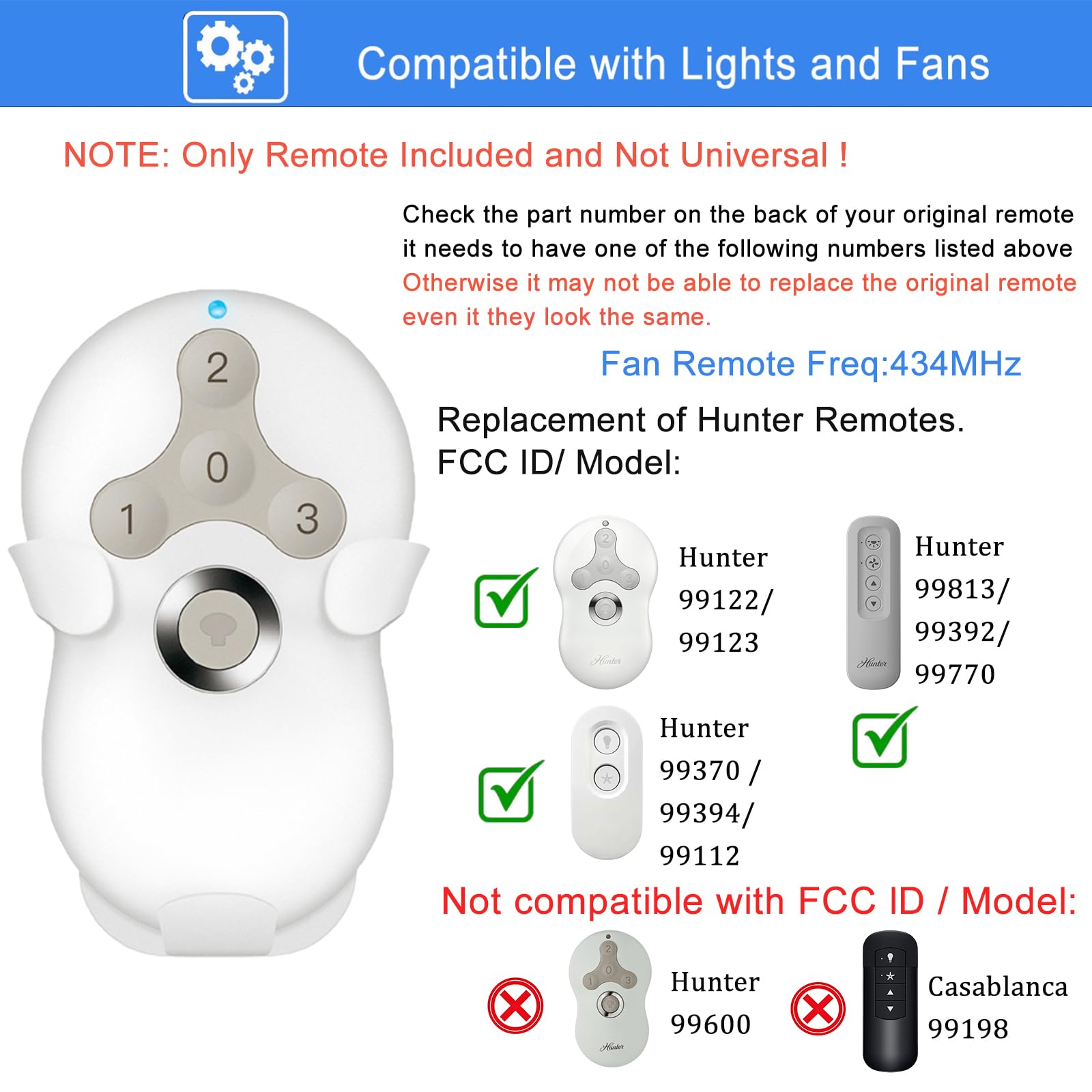 Replacement Remote For Hunter Ceiling Fan Remote Control 99122/99123, 3-Speed And Light Dimmer With Wall Mount,434Mhz (Remote On