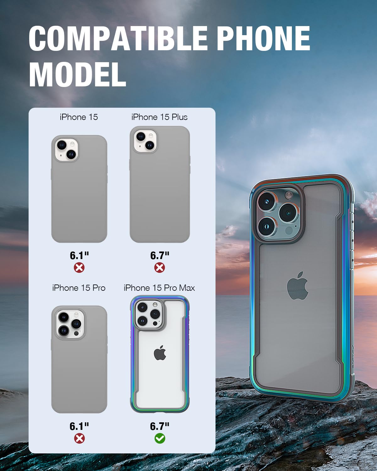 Raptic Shield For Iphone 15 Pro, Shockproof Protective Clear Case, Military Grade 10Ft Drop Tested, Durable Aluminum Frame, Anti Yellowing Technology, 6.1 Inch, Iridescent