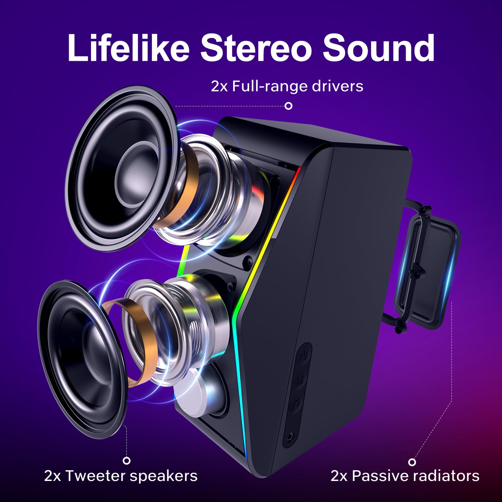 Computer Speakers, Bluetooth 5.0 Hi Fi Stereo Pc Speakers, 4 Dynamic Lighting Modes Speakers For Pc, Ac Adapter Powered And 3.5M