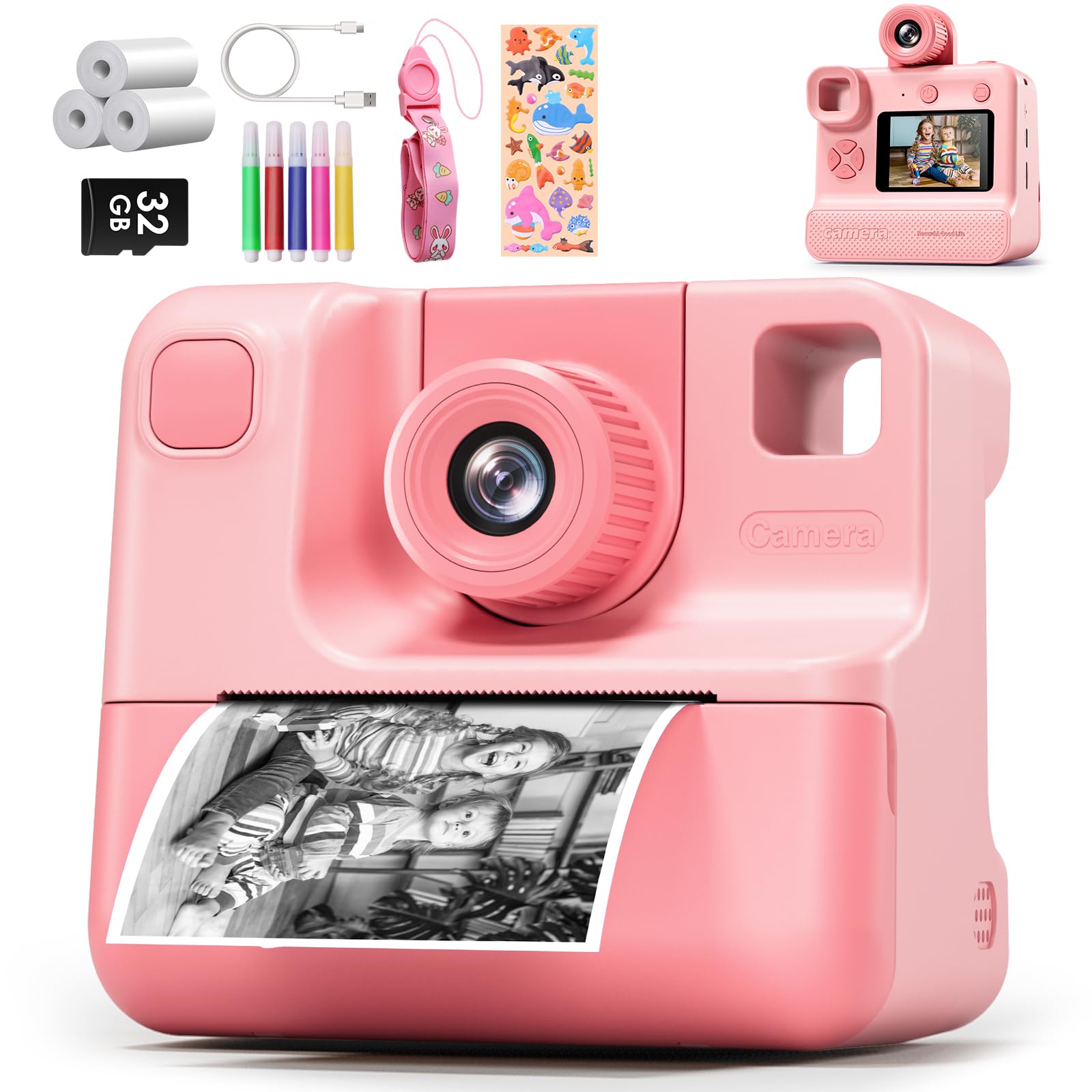 Instant Print Camera For Kids, 1080P Kids Instant Cameras,Hd Selfie Digital Video Cameras Toddler 3 Rolls Print Paper & 32G Card