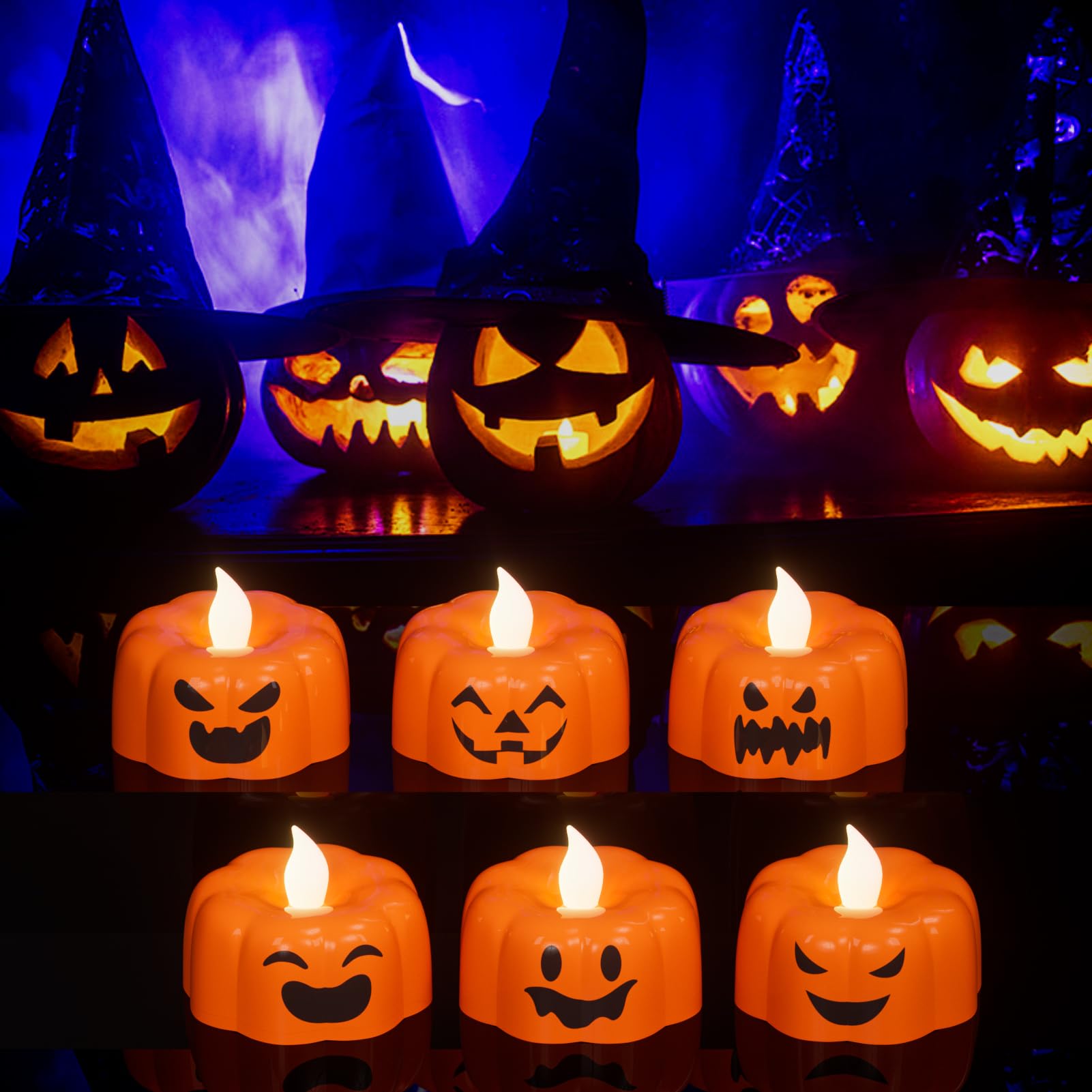Wondise Halloween Flameless Candles, Pumpkin Battery Operated Candles With Timer, Led Flickering Votive Tealight Spooky Candles