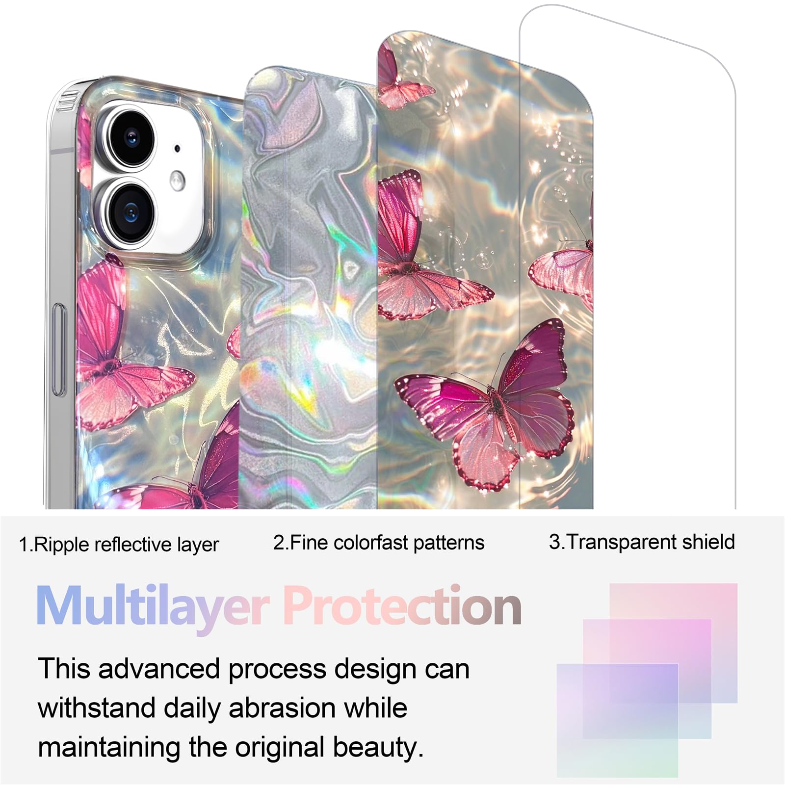 I Mgae In Ar Phone Hard Case Compatible With Iphone 12 Case & Iphone 12 Pro Case Slim Holographic Shiny Pink Butterfly Women Gir