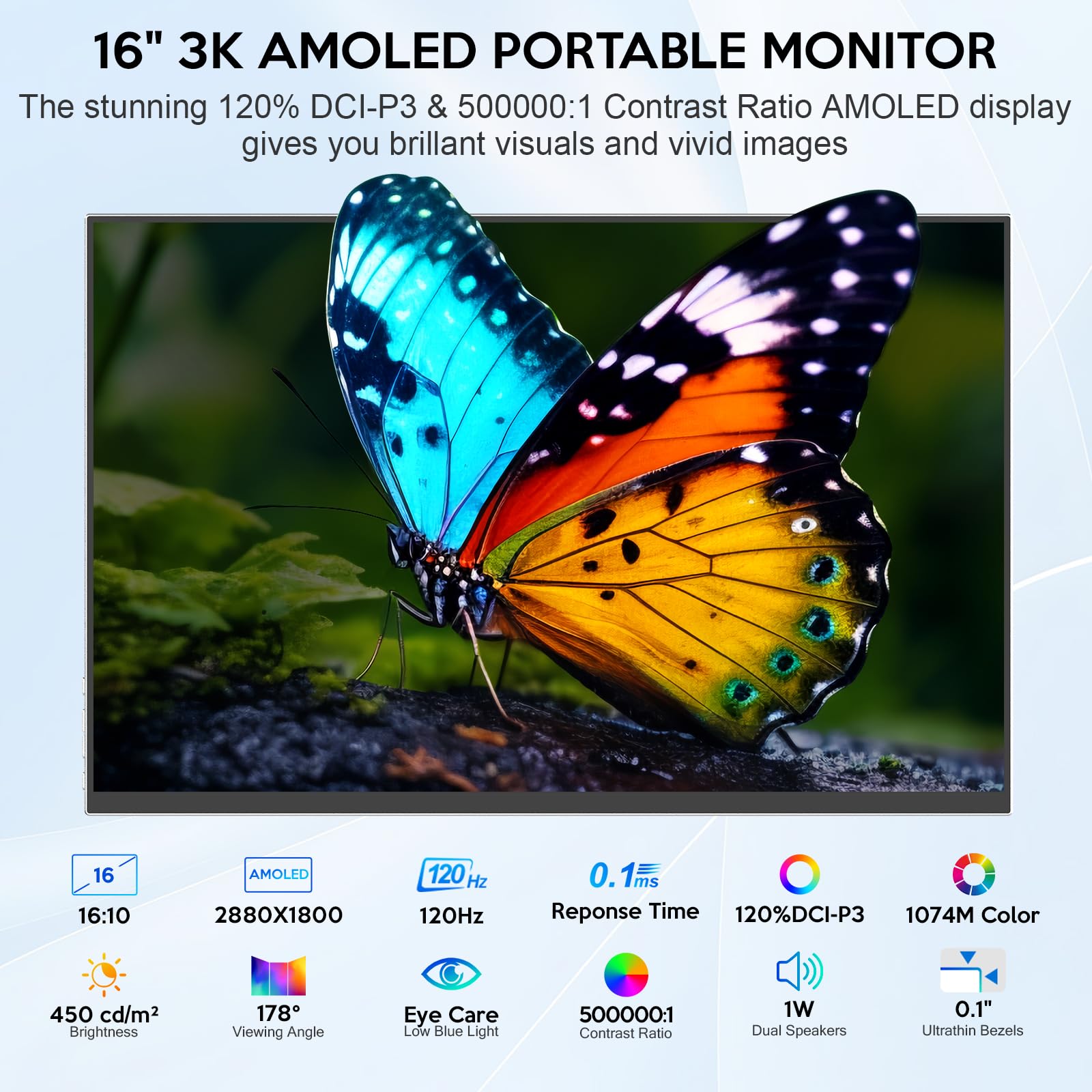 16'' Oled Portable Monitor, 3K 2880X1800 120Hz 0.1Ms Usb C Hdmi Oled Monitor With Ultra Thin Bezels 120% Dci P3 Kickstand Speake