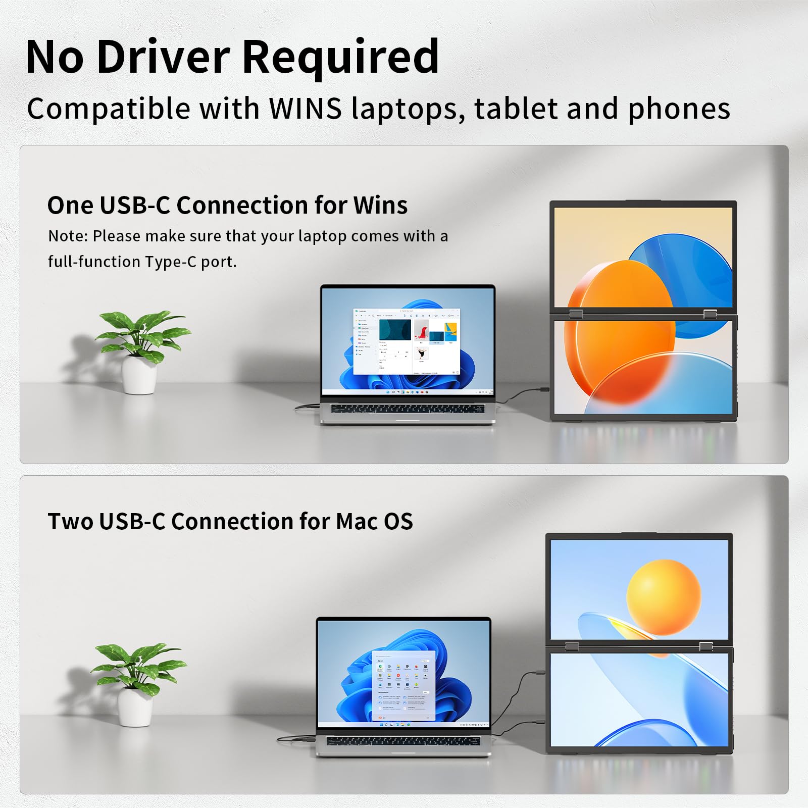 Laptop Screen Extender,15.6  Dual Monitors (Wins/Mac) Folding Stacked Portable Dual Monitor, Usb C Travel Extended Computer Disp