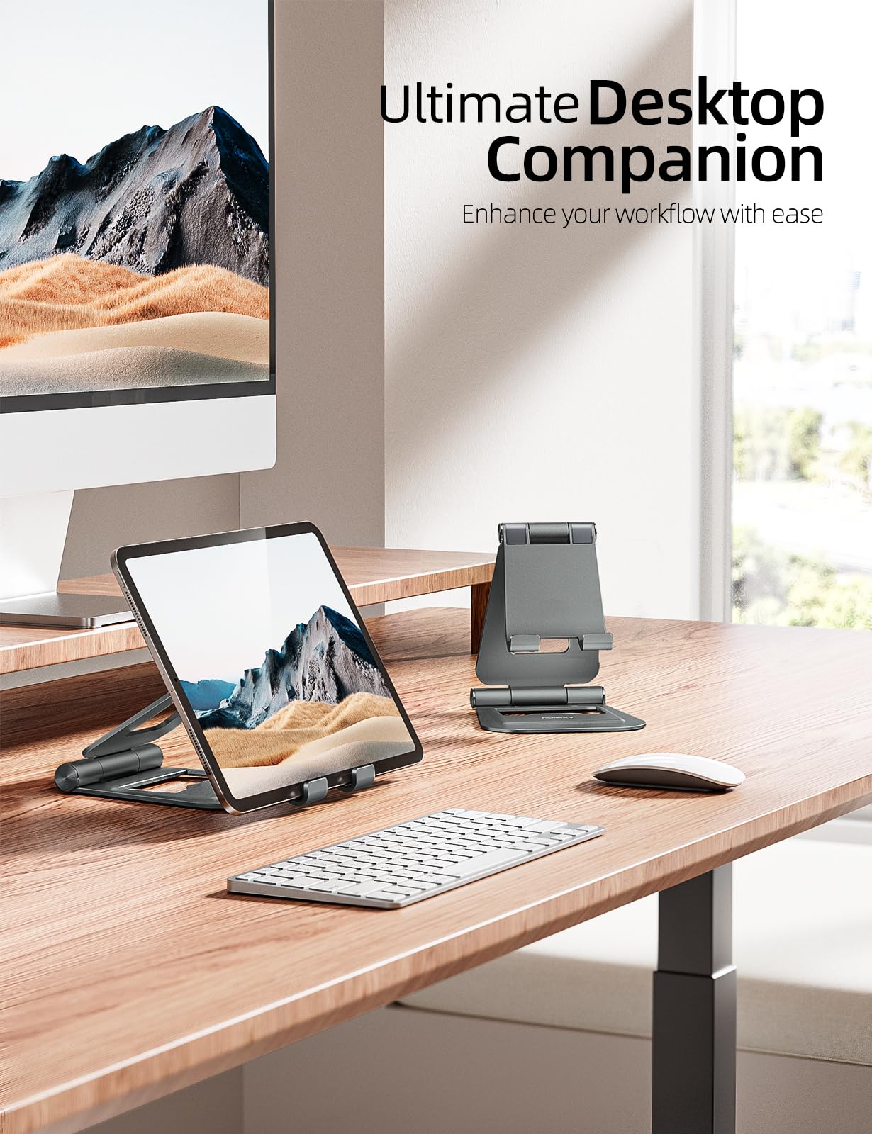 Nulaxy Aluminum Dual Foldable Ipad Stand, Fully Adjustable Desktop Tablet Holder, Ipad Accessories For Office Kindle Compatible With Mobile Devices Ipad Pro/Air/Mini, Iphone Pro/Max/Plus, Gray