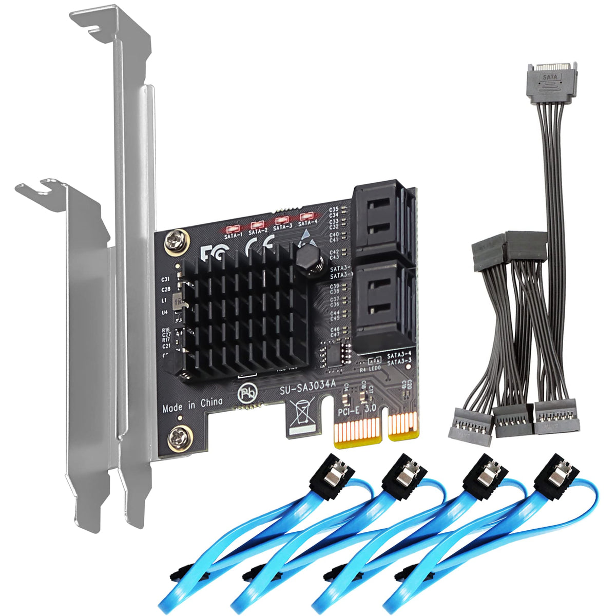 Glotrends Sa3034A 4 Port Pcie Sata 3.0 Card, Support Os Booting, Including Sata Cables And 1:5 Sata Splitter Power Cable, Compat