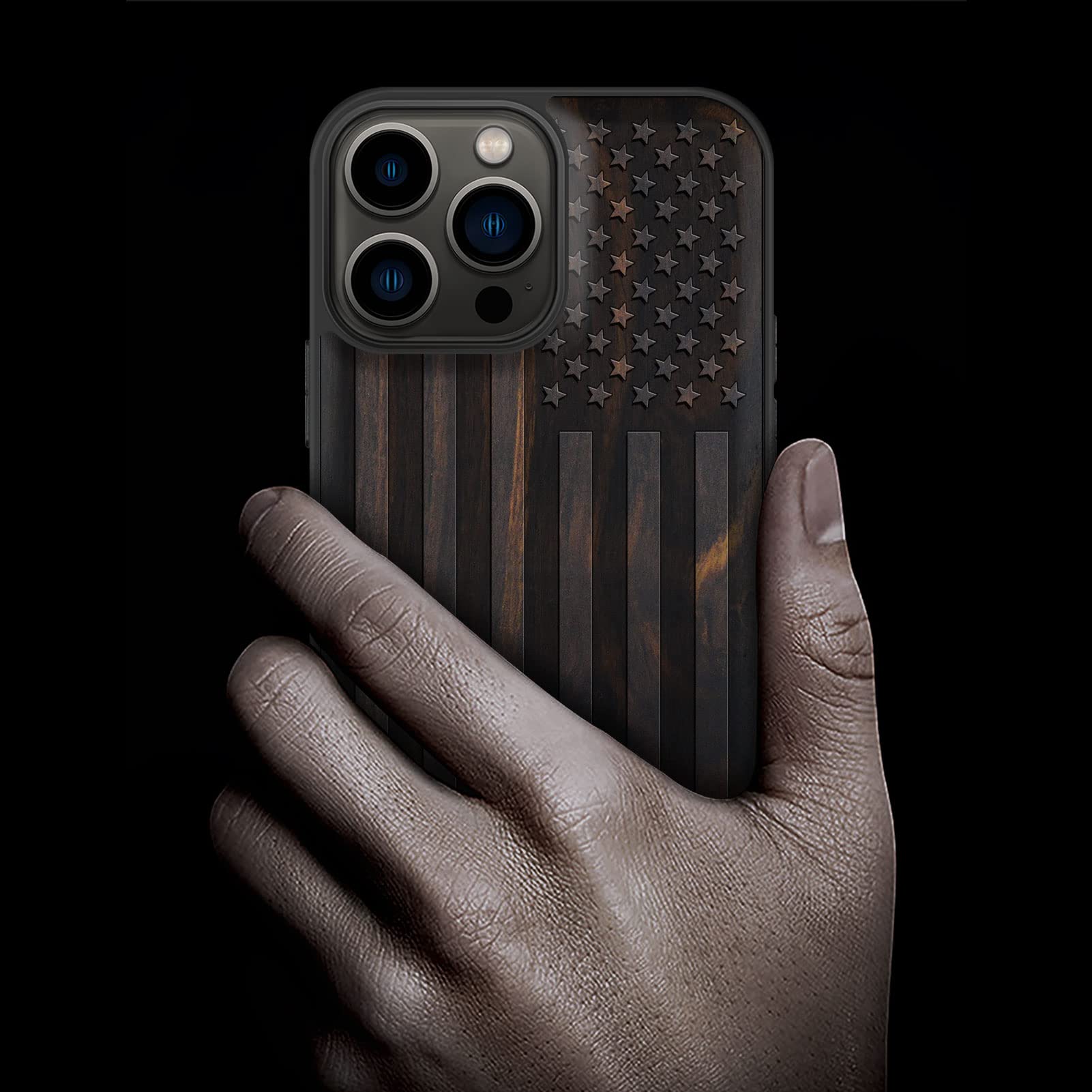 Carveit iPhone 13 Pro Max Magnetic Wood Case Shockproof Hybrid MagSafe Compatible American Flag Blackwood