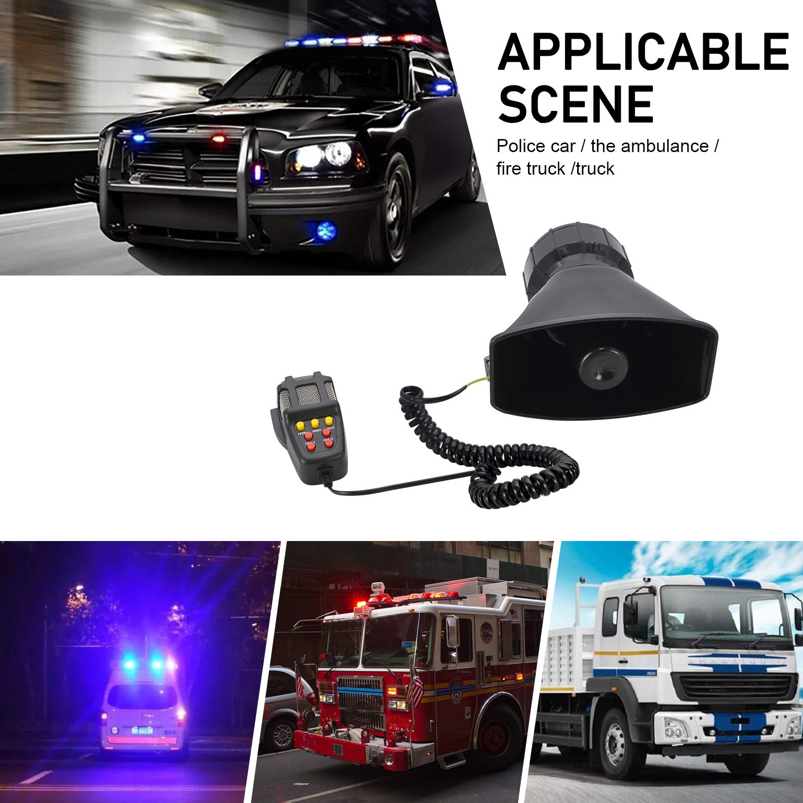 Safego Police Siren Speaker Car Pa System, Dc12V 100W 7 Tones Wired Handheld Microphone Loudspeaker Emergency Siren Electronic