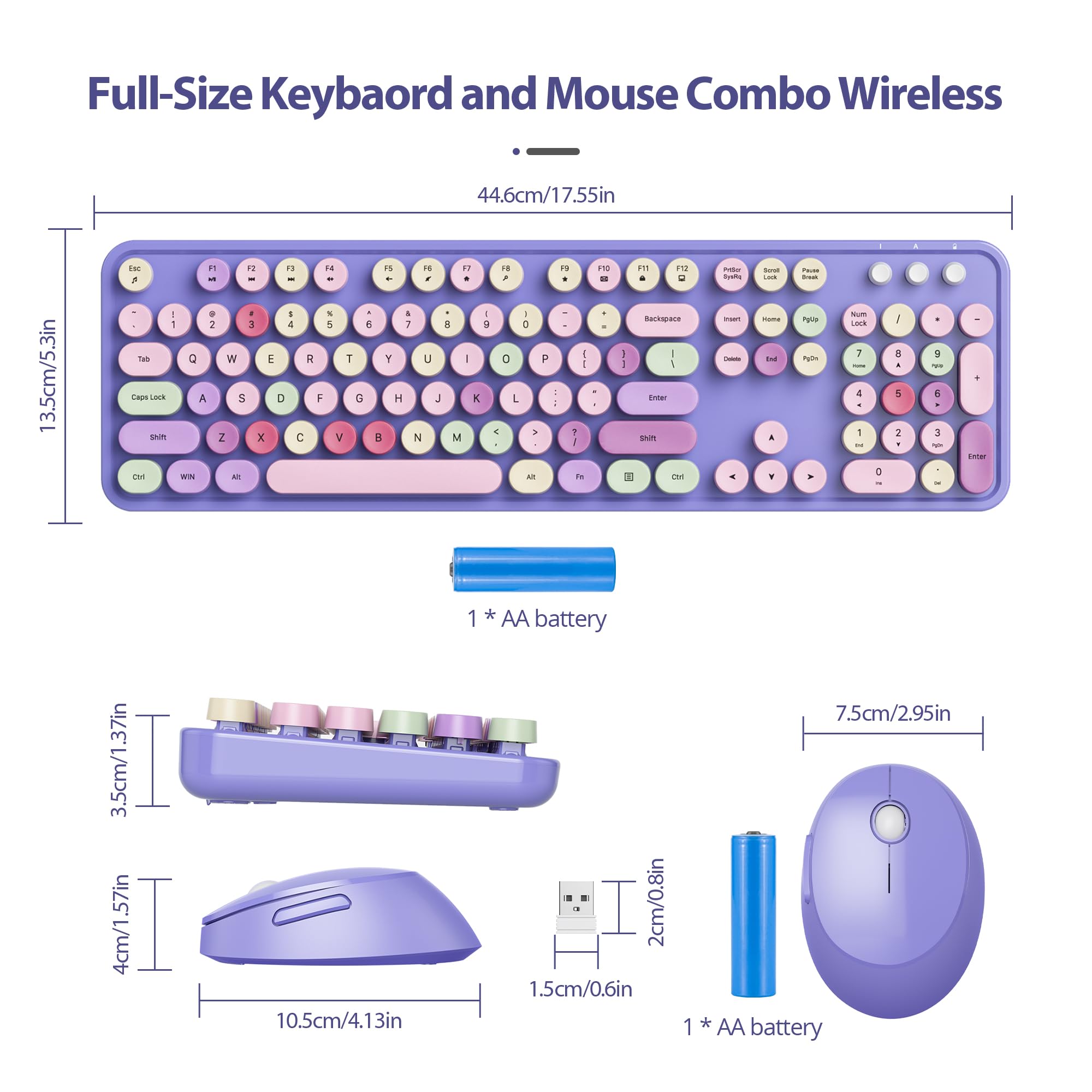 Fogruaden Purple Keyboard And Mouse Wireless, Retro Typewriter Keyboard, 2.4Ghz 104 Keys Full Size Cute Keyboard With Number Pad