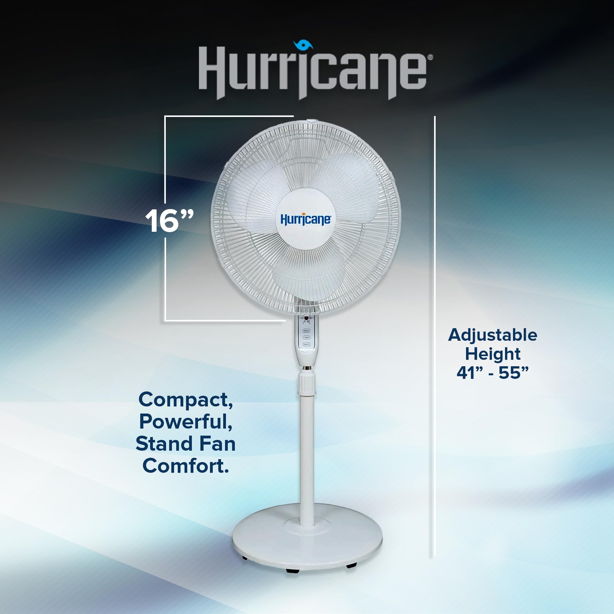 Hurricane 16'' Supreme Oscillating Stand Fan With Remote   3 Speed, Quiet, Powerful, Adjustable Height, Durable Design For Home,