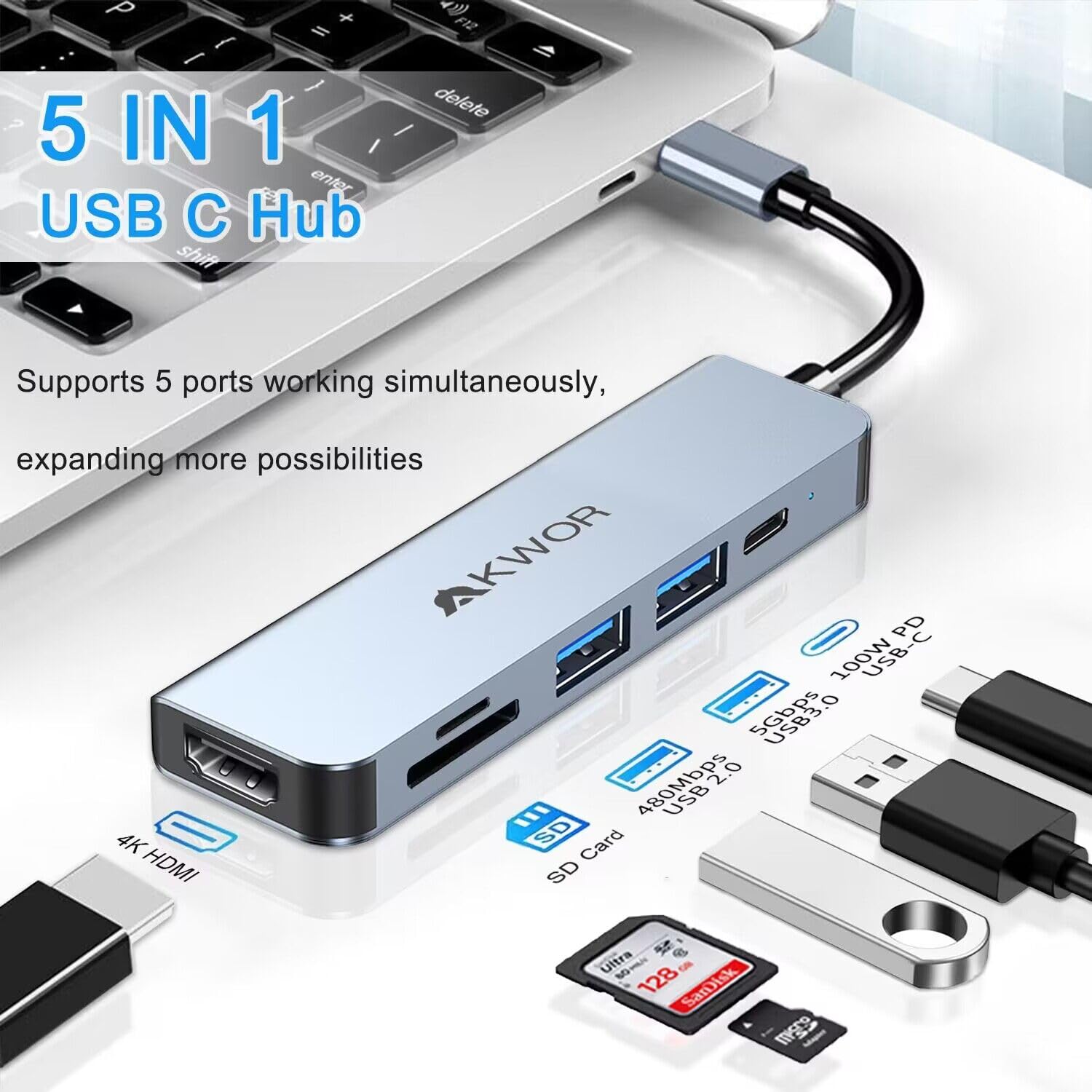 Akwor Usb C To Hdmi Adapter, 6 In 1 Usb C Hub With 4K Hdmi, Usb C Sd/Tf Card Reader,100W Pd, Usb 3.0 Extender, Usb C To Hdmi For