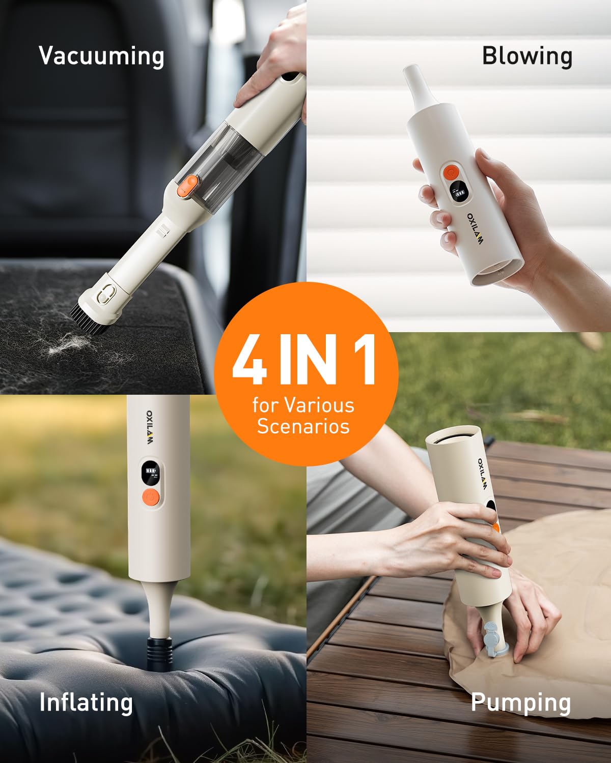 Oxilam 4 In 1 Car Vacuum   Handheld Vacuum 14000Pa High Power, Portable Cordless Small Vacuum, Blow & Suction 2 In 1, Up To 30 M