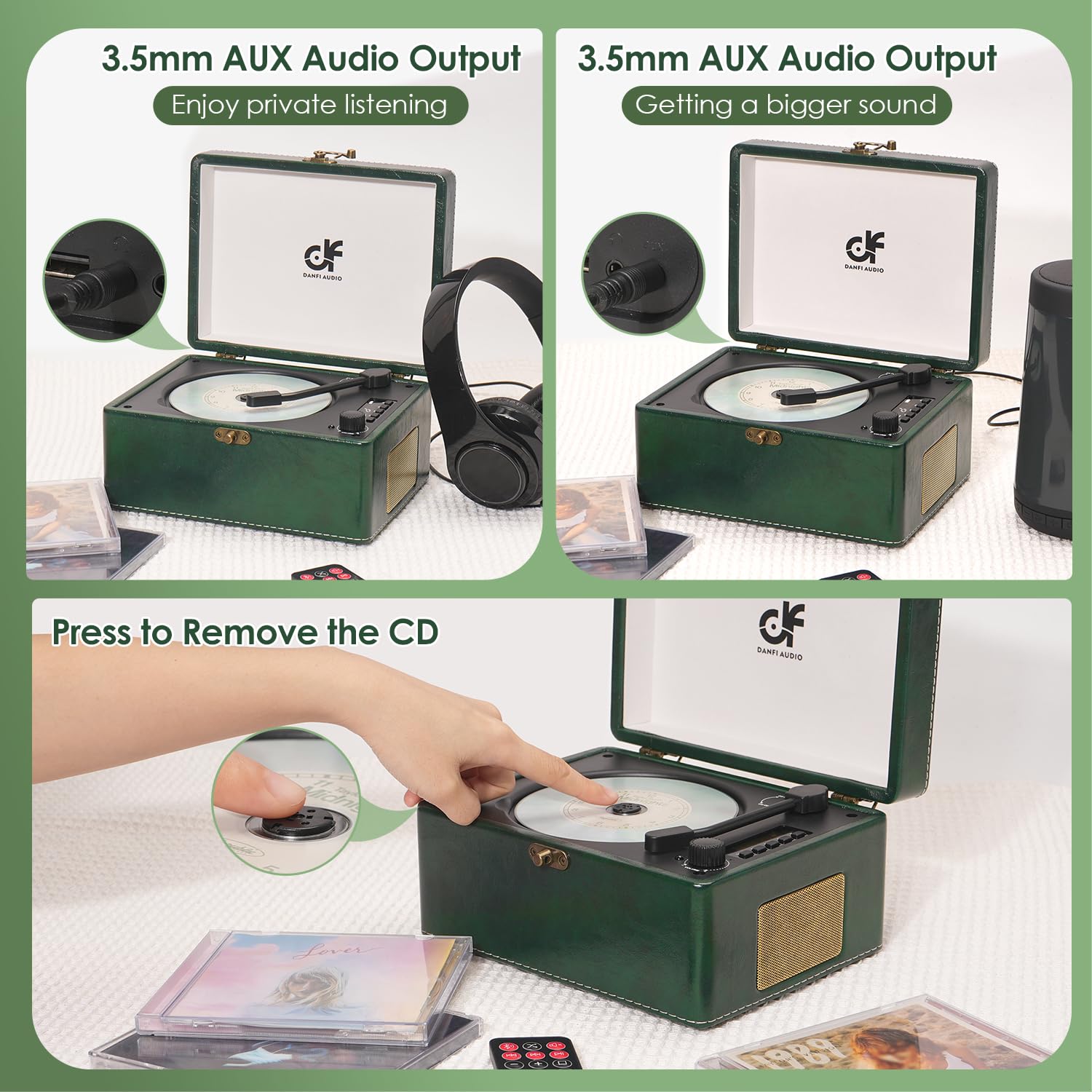 Cd Player Portable Bluetooth 5.0 Desktop Cd Player With Wireless Transmission Stereo Speakers, Support Usb Playback, Rechargeable Battery Led Screen Retro Design Cd Player For Home, Green