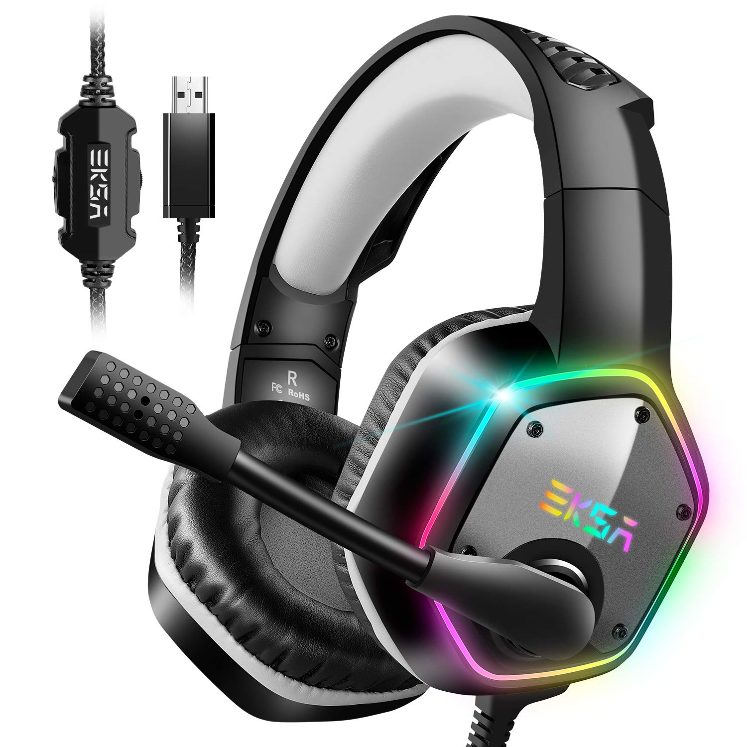 EKSA E1000 USB Gaming Headset for PC, Computer Headphones with Microphone/Mic Noise Cancelling, 7.1 Surround Sound, RGB Light - 