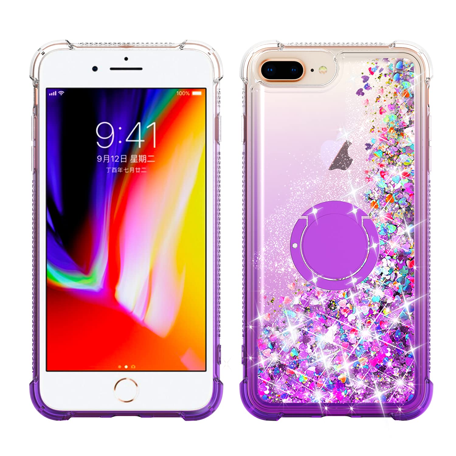 WORLDMOM iPhone 7 Plus 8 Plus Case Moving Liquid Glitter Waterfall TPU with Ring Kickstand Lightpurple