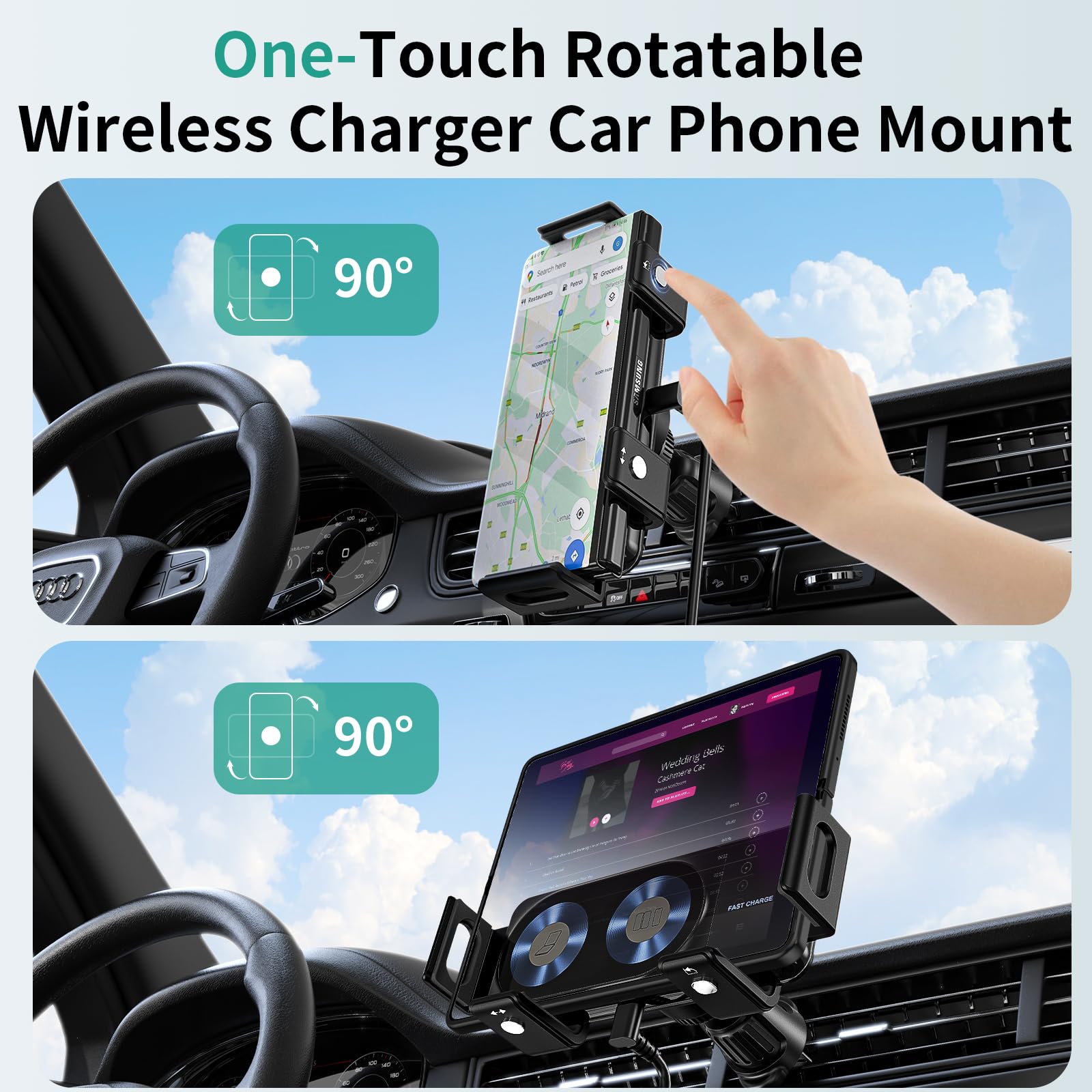 Jdhdl Wireless Car Charger Mount, 15W Dual Coil One-Touch Rotatable Car Phone Holder Wireless Charger For Samsung Galaxy Z Fold