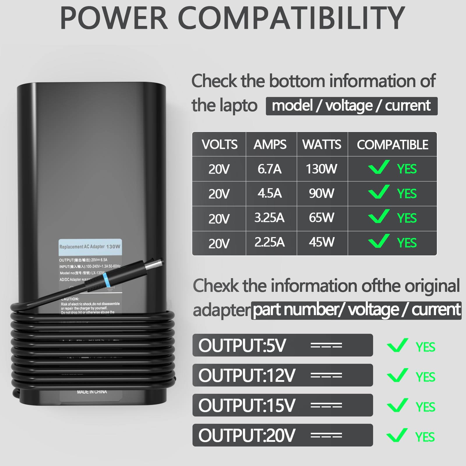 Replacement Dell 130W Ac Adapter For Dell Inspiron 16 5620 7610 Business Laptop,Replacement For Dell Inspiron 15 7501 7510 7590