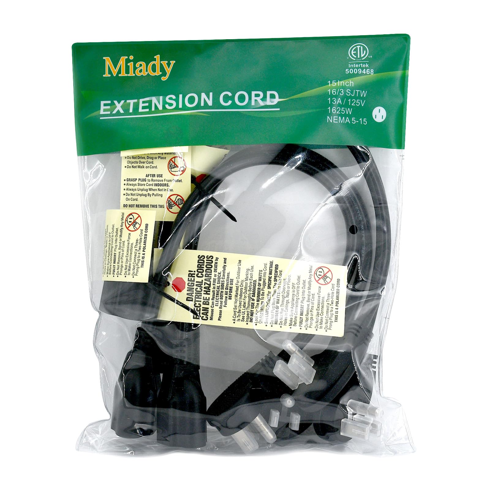 Miady Flat Plug Extension Cord 1 Ft, 90 Degree Plug Adapter, 3 Prong Grounded Wire Short Flat Wall Power Cord Black Etl Listed (