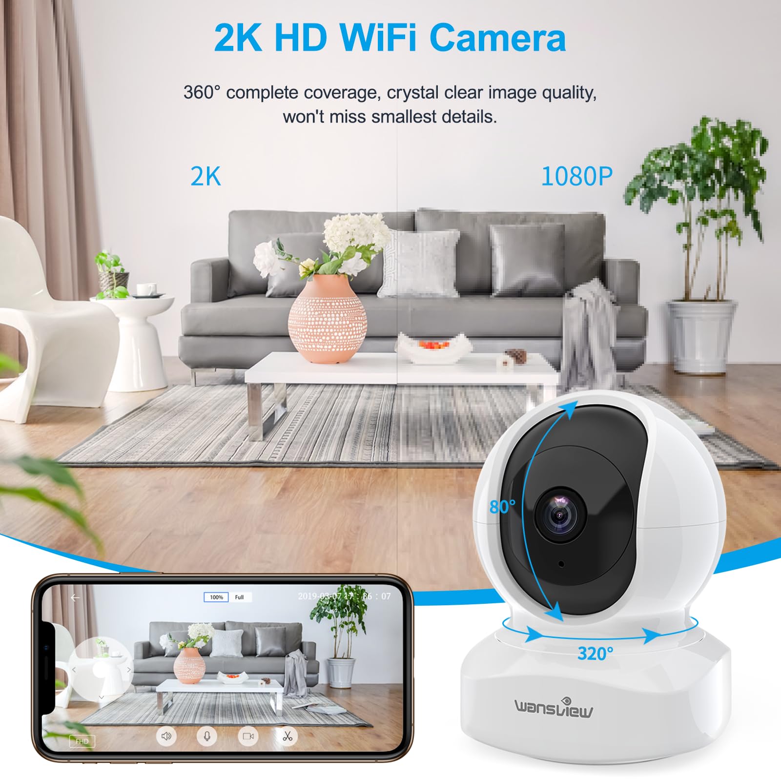 Home Security Camera, Baby Camera, 2K Wansview Wifi Camera For Pet/Nanny, Motion Alerts, 2 Way Audio, Night Vision, Compatible W