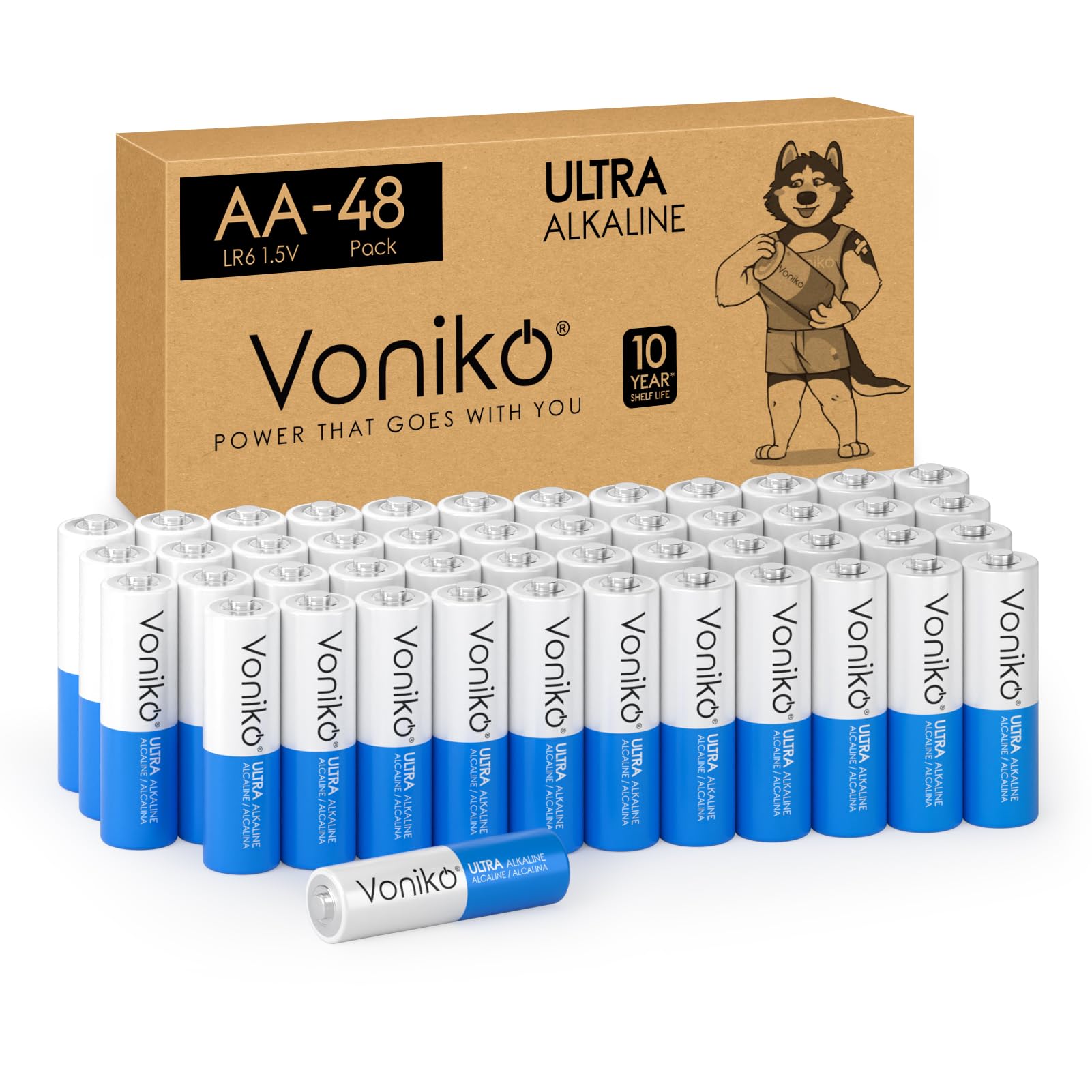 Voniko AA Alkaline Batteries 48 Pack Ultra Long-Lasting 1.5V LR6 10-Year Shelf Life Leakproof