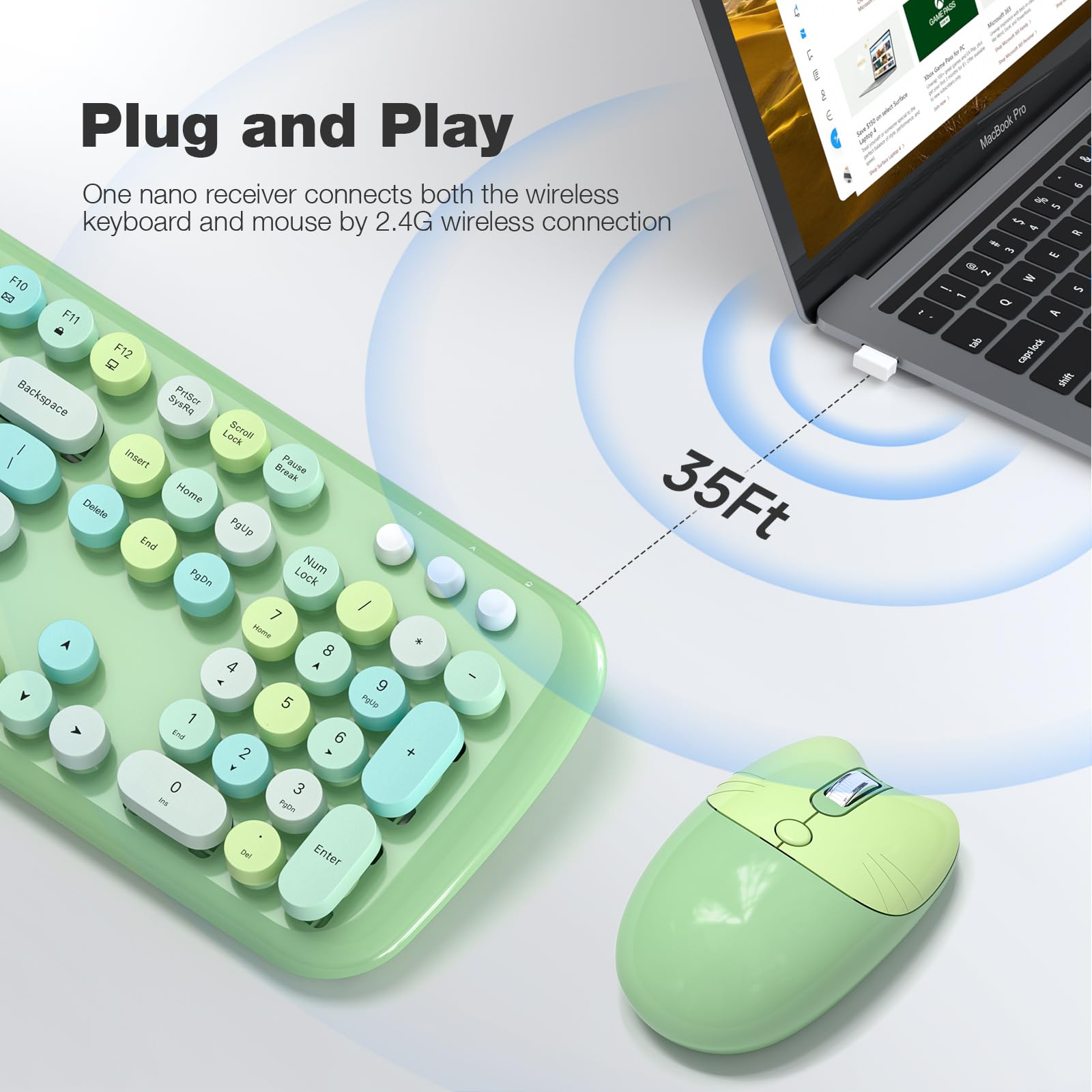 Knowsqt Wireless Keyboard And Mouse Combo Pale Green   Colorful 104 Key 2.4G Round Keycap Typewriter Keyboards, Usb Dongle Plug