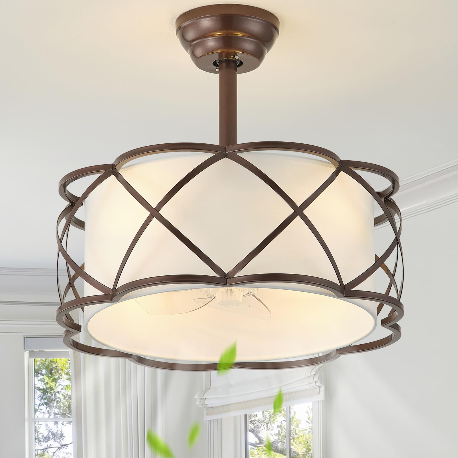 Athbhreo 20 Fandelier Ceiling Fans with Lights, Caged Bladeless Ceiling Fan with Light Remote Control, Mid-Century Modern with 6