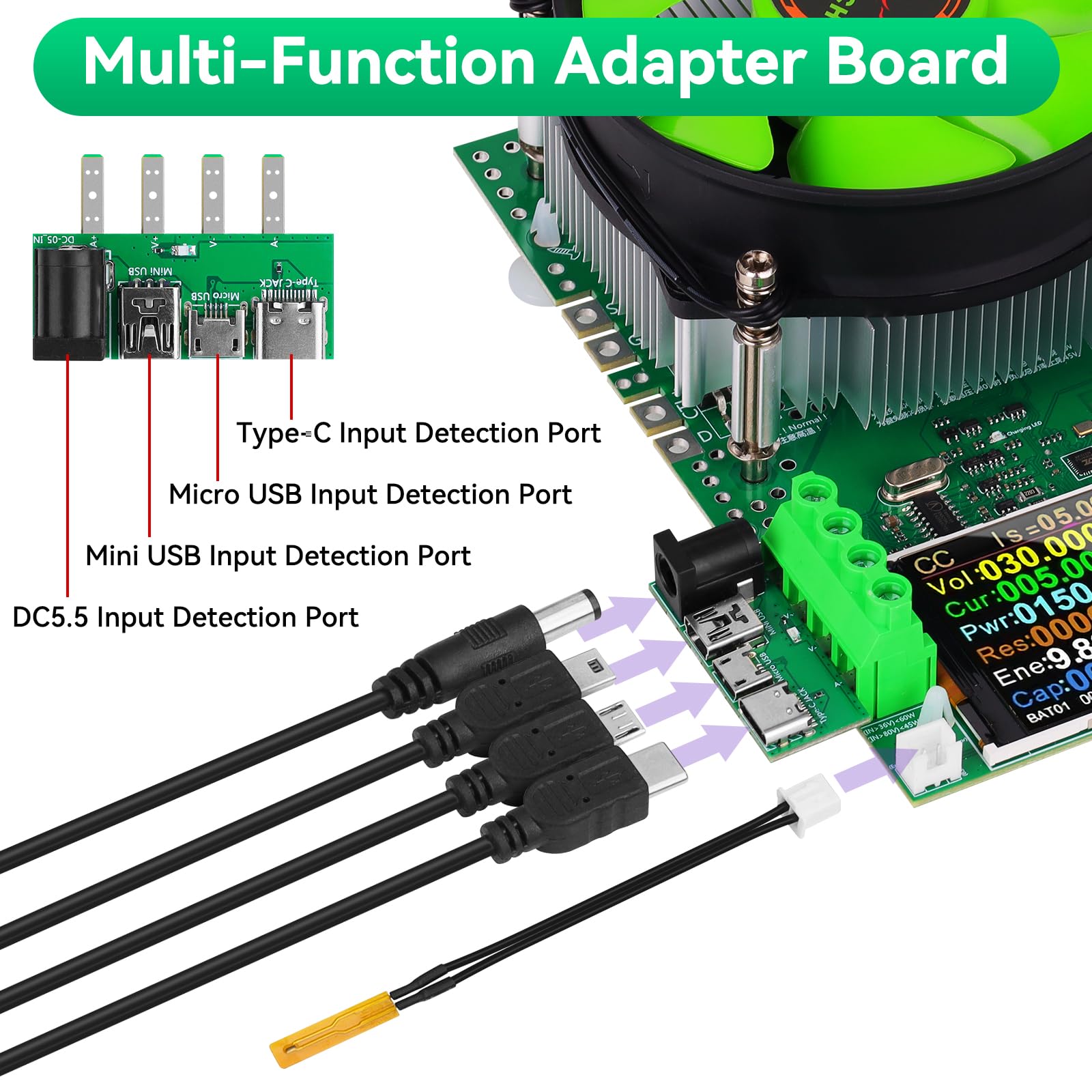MakerHawk 150W Battery Load Tester - Electronic USB Load 25A 200V, Adjustable Constant Current, Green 4-Wire System