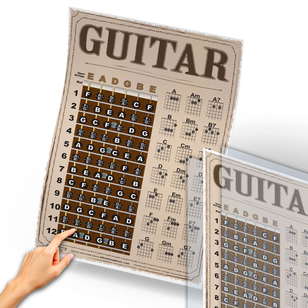 Laminated Guitar Americana Style Fretboard Notes & Easy Beginner Chord Chart Instructional Poster A New Song Music 11X17