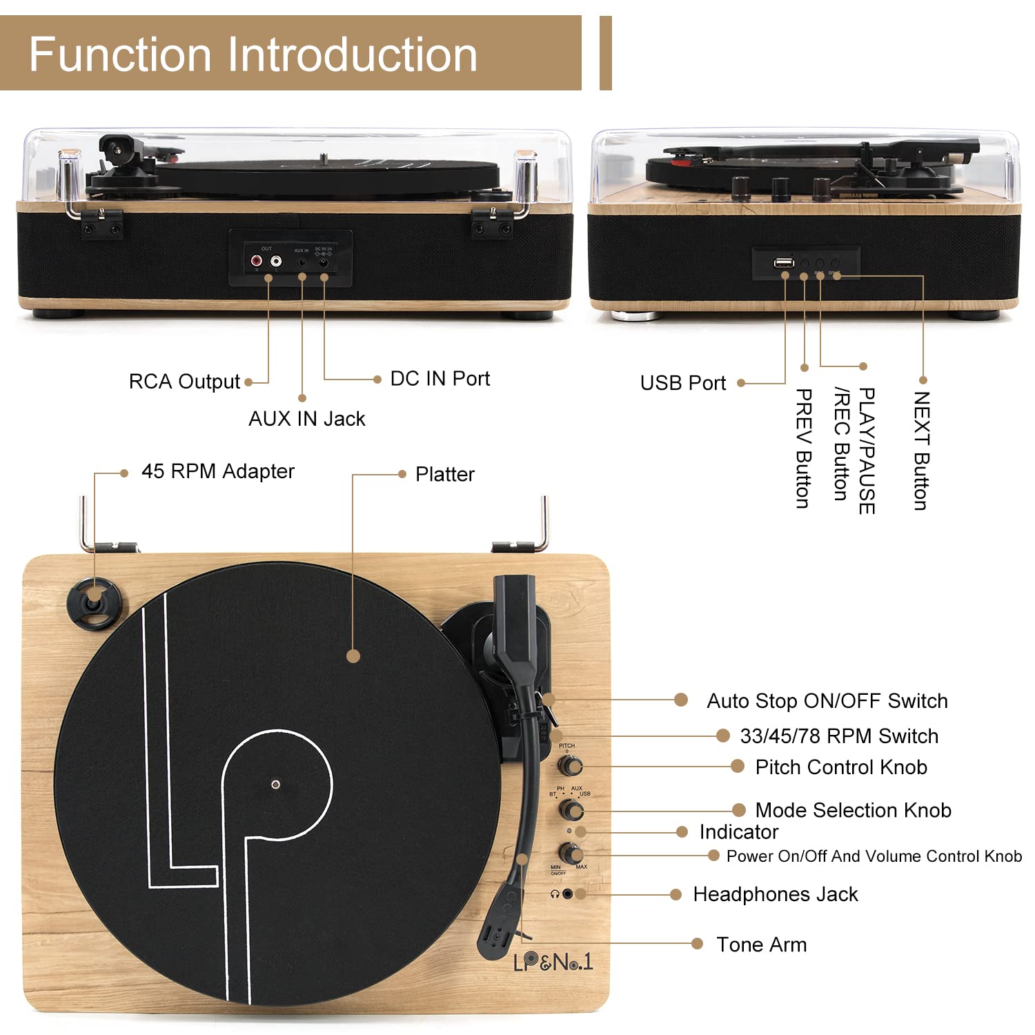 Vinyl Record Player 3 Speed Belt Drive Turntable With Stereo Speakers And Usb Play&Recording (Light Wood)