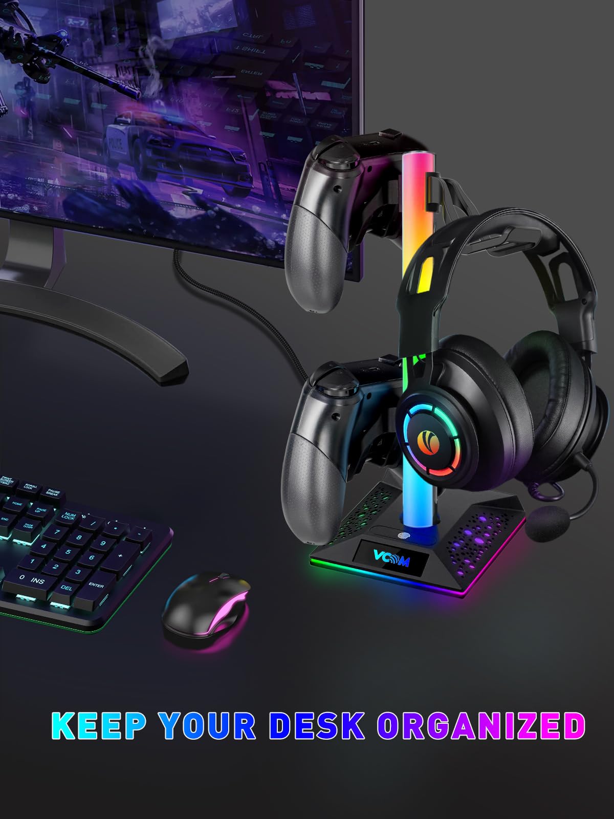 V Vcom Rgb Gaming Headphones Stand With 2 Usb Ports Headset Stand With 10 Light Modes And Non Slip Rubber, Suitable For All Earp