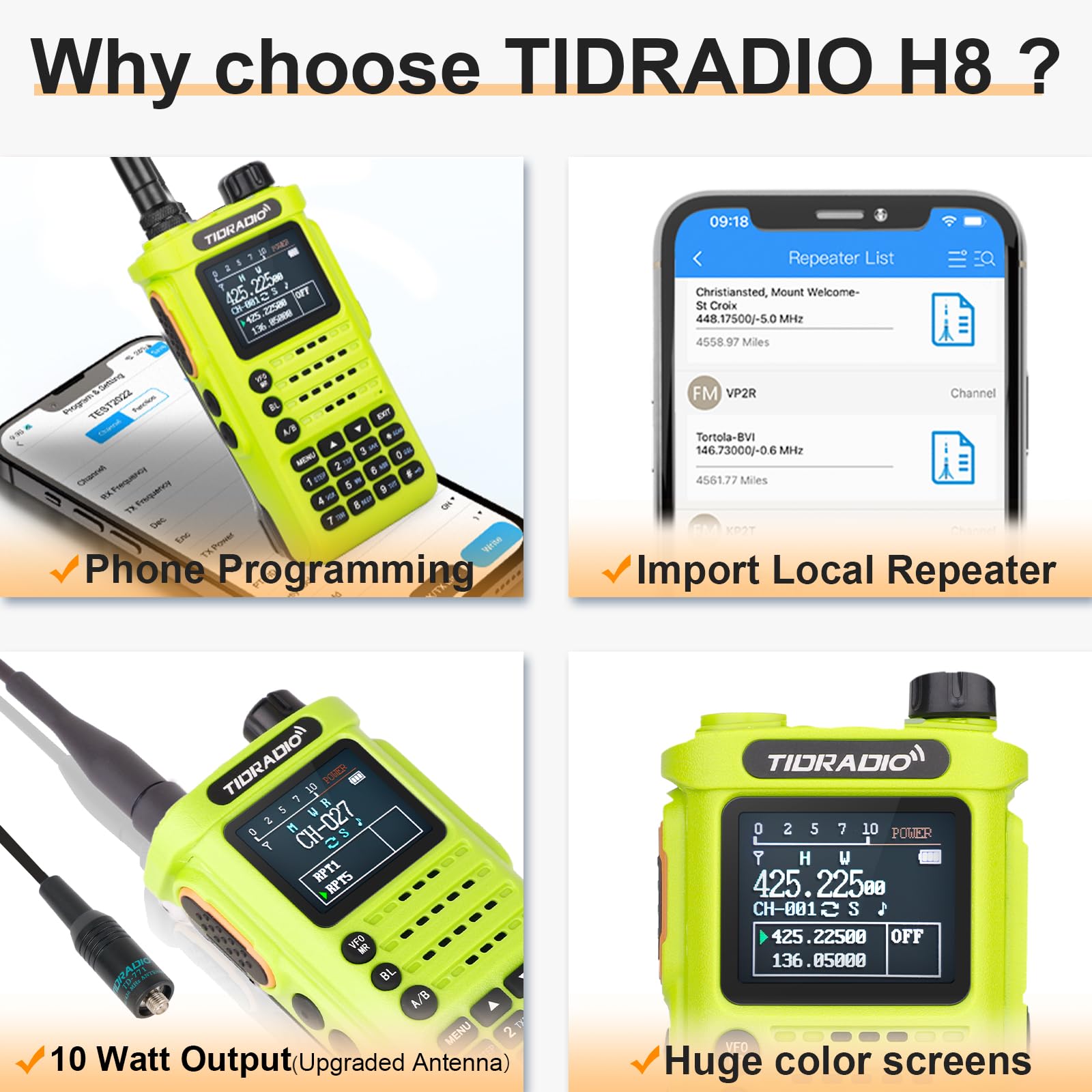 (2Nd Gen)Tidradio Td H8 10Watt Ham Handheld Radio, Bluetooth Programming, Repeater Capable Dual Band Long Range Two Way Radios W