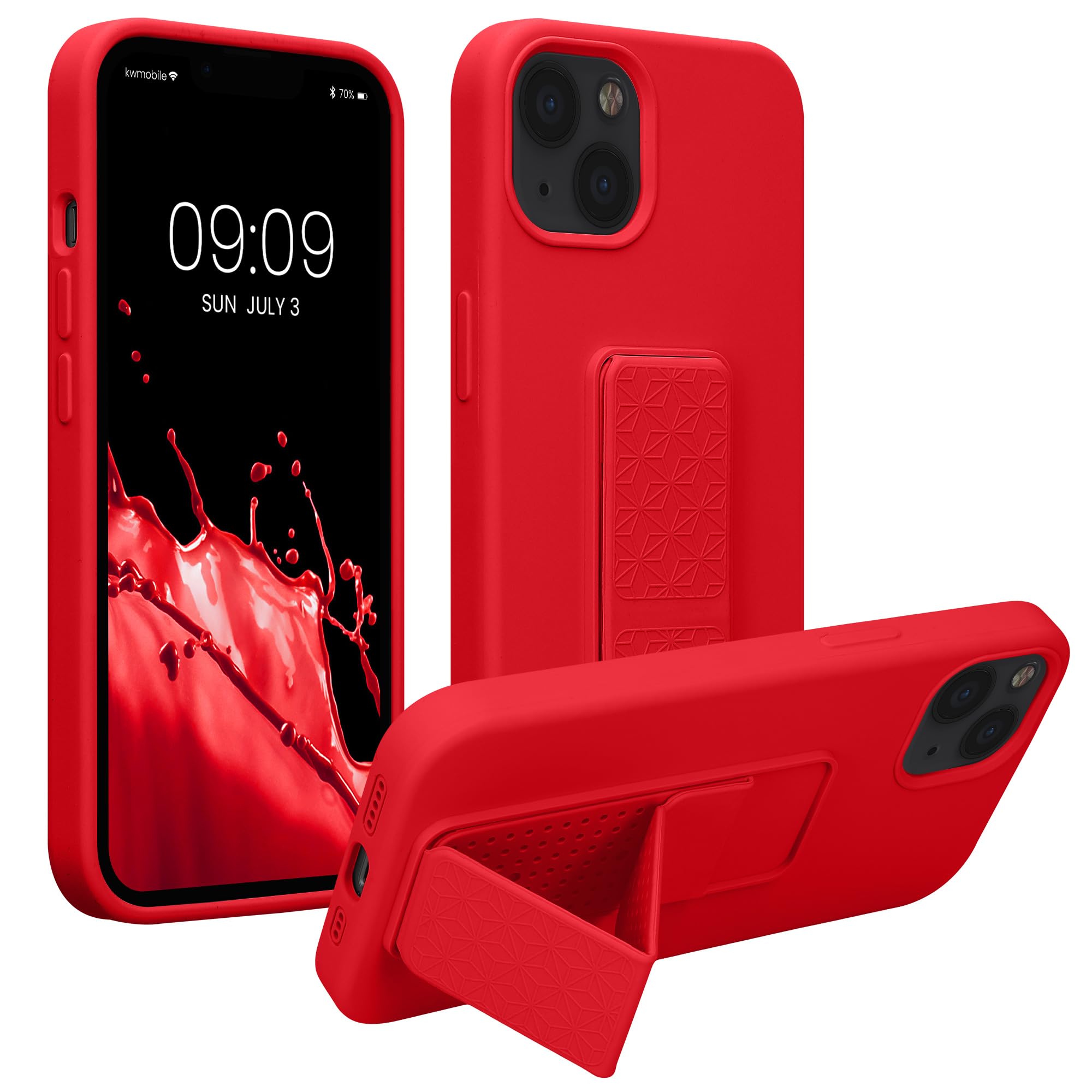 kwmobile Case Compatible with Apple iPhone 13 - Case with Hand Strap and Stand Soft TPU Silicone Coating - Red
