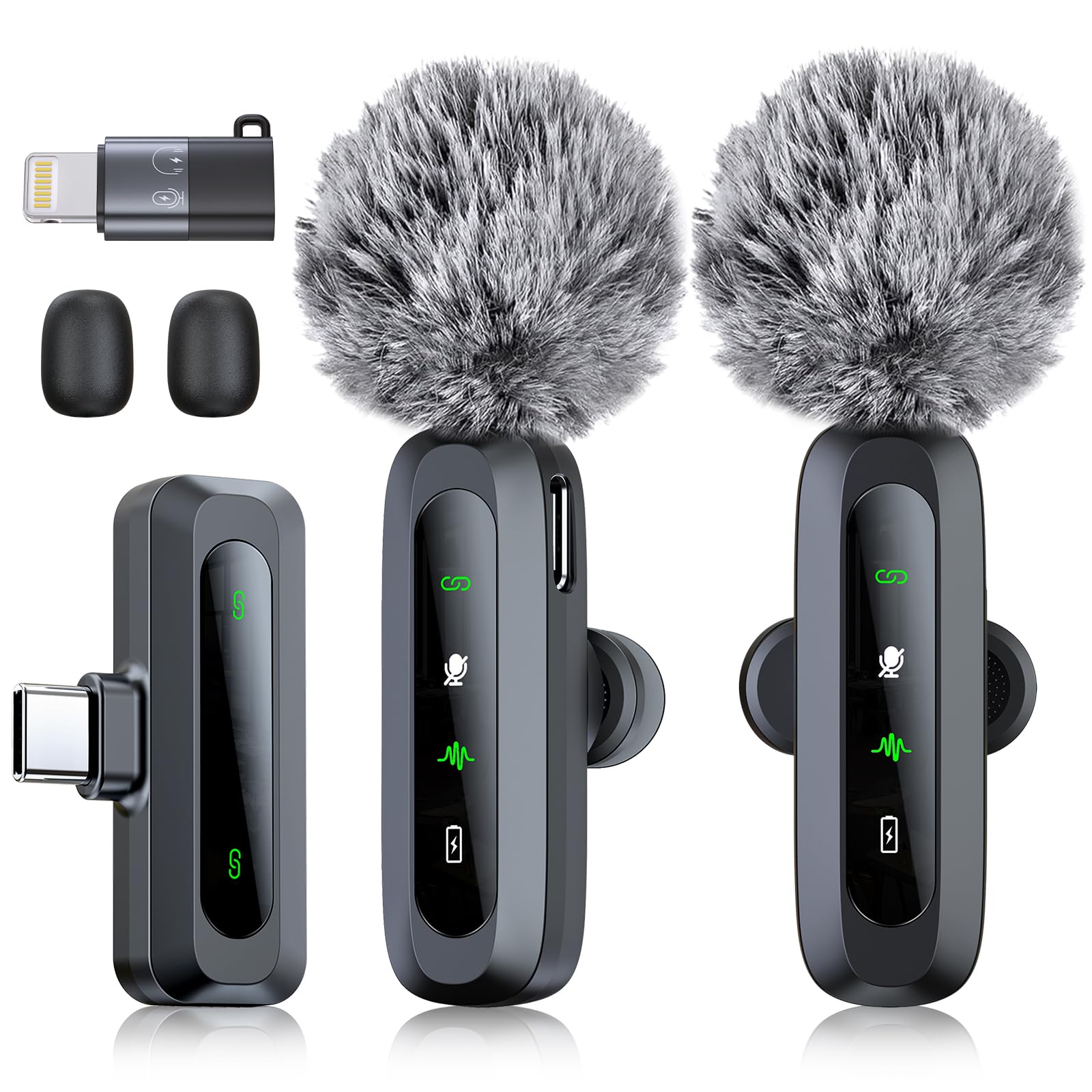 RICCHI Wireless Microphone for iPhone/iPad/Android Phone, 2 Pack Mini Microphone with Noise Cancelling & LED Display, Lavalier M