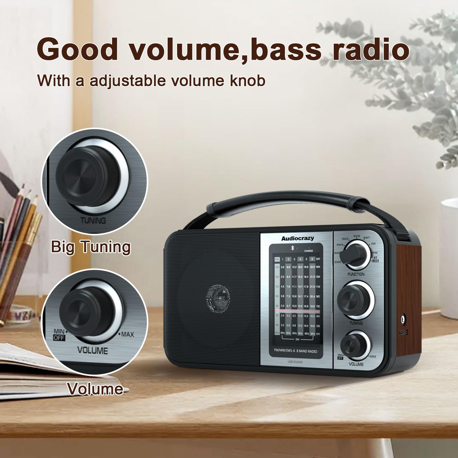 Audiocrazy Am Fm Portable Radio Shortwave Radio With Bluetooth,Radio Plug In Wall Or Battery Powered,Rechargeable Radio With Str