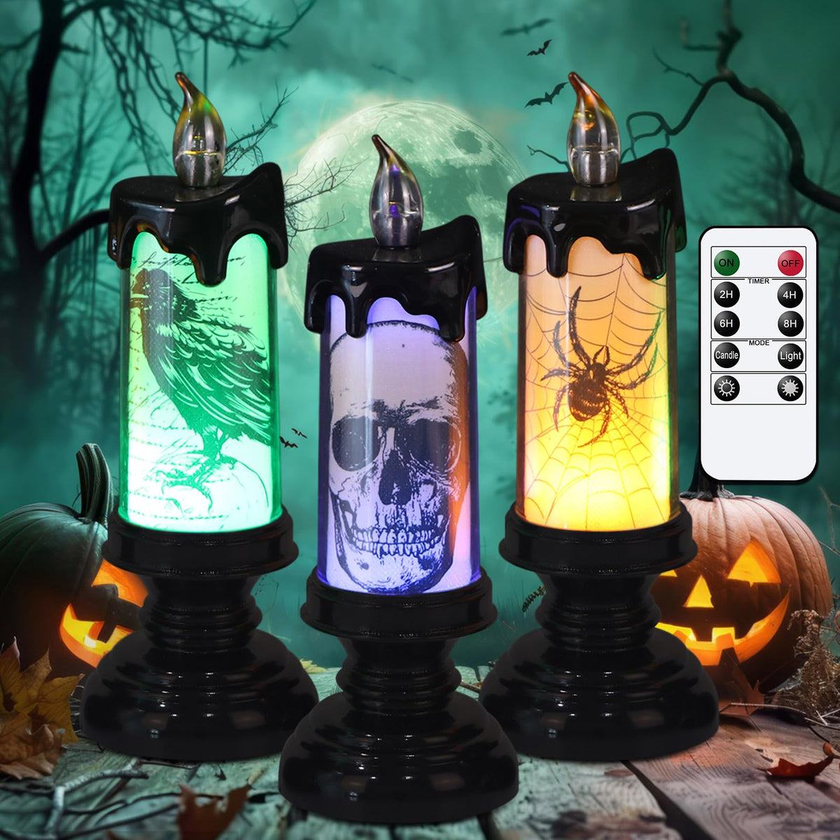 Dromance Halloween Flameless Flickering Candle Lights With Remote Timer, Battery Operated Led Candle Lamp Spooky Skull Crow Spid