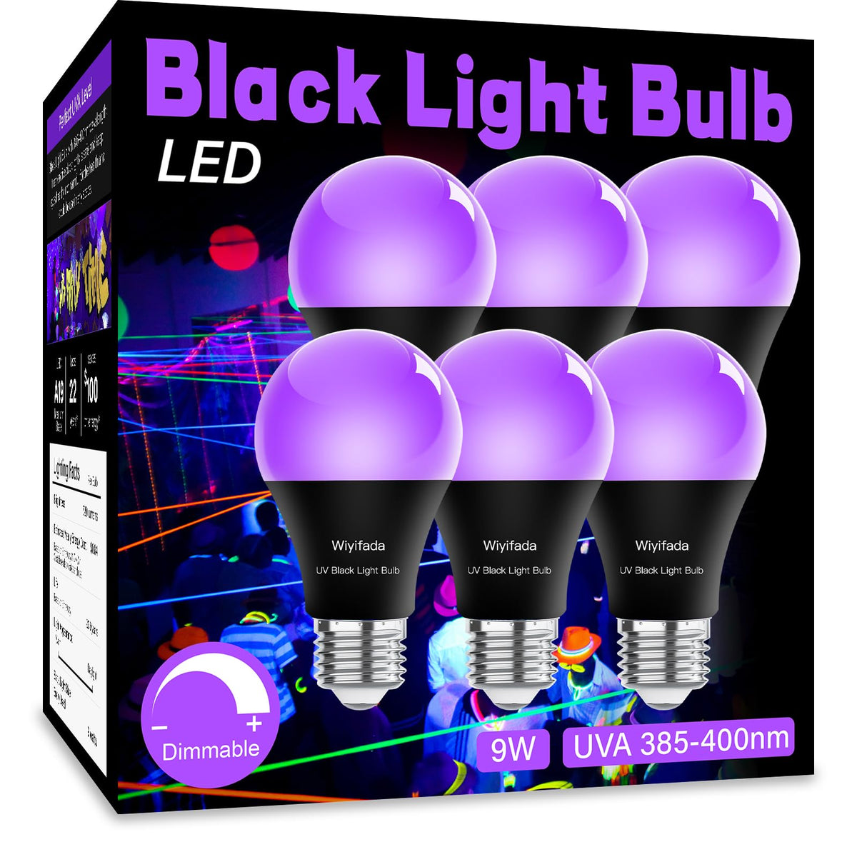Wiyifada Led Black Light Bulbs 6 Pack, A19 9W Blacklight Bulb Replace Up To 100W, 110V E26 Base Black Light Uva Level 385 400Nm,