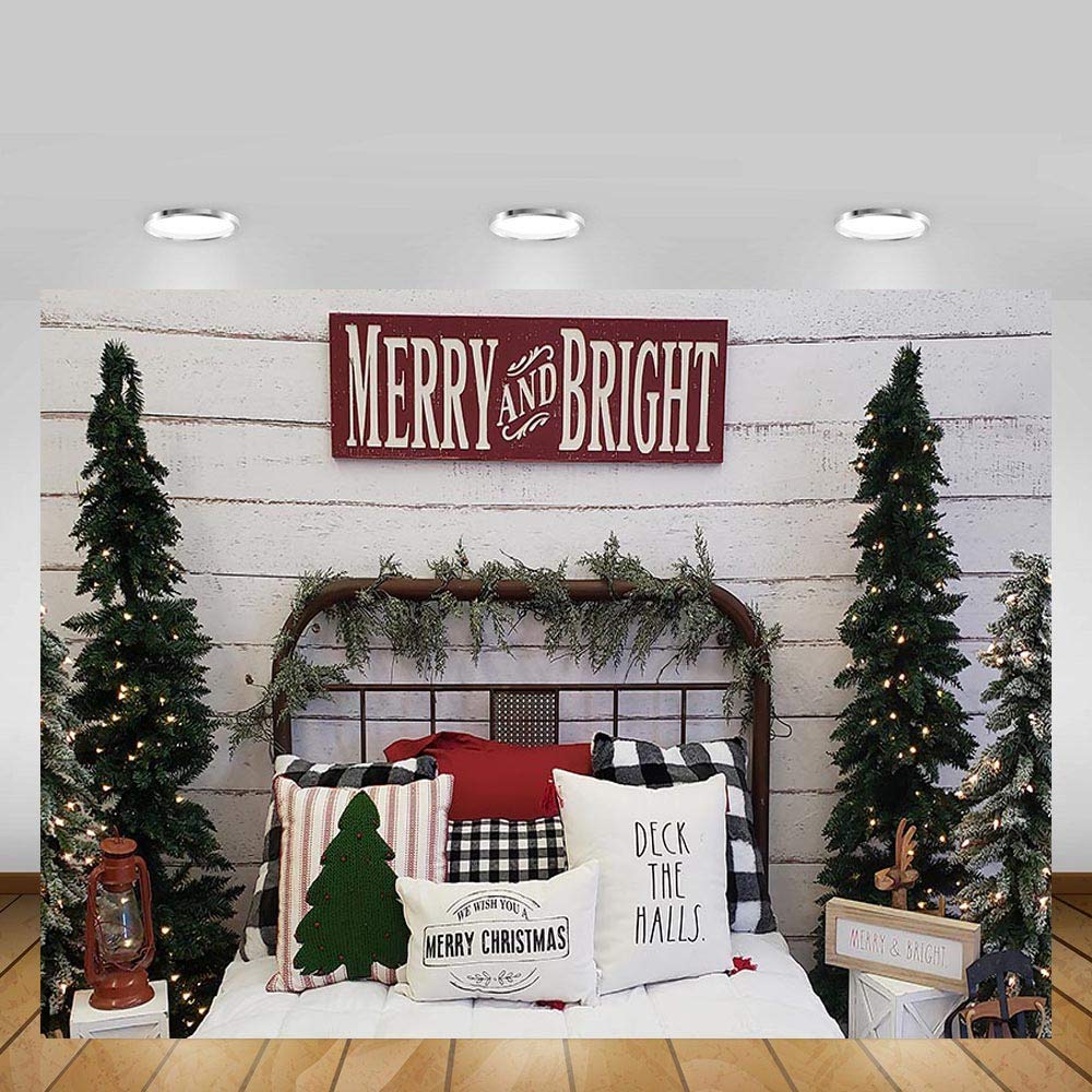 Mehofond 8X6Ft Christmas Photography Background Merry And Bright Christmas Tree Retro Wood Wall Headboard Bed Indoor Backdrops Winter Xmas Family Party Decoration Banner Child Photo Portrait Props