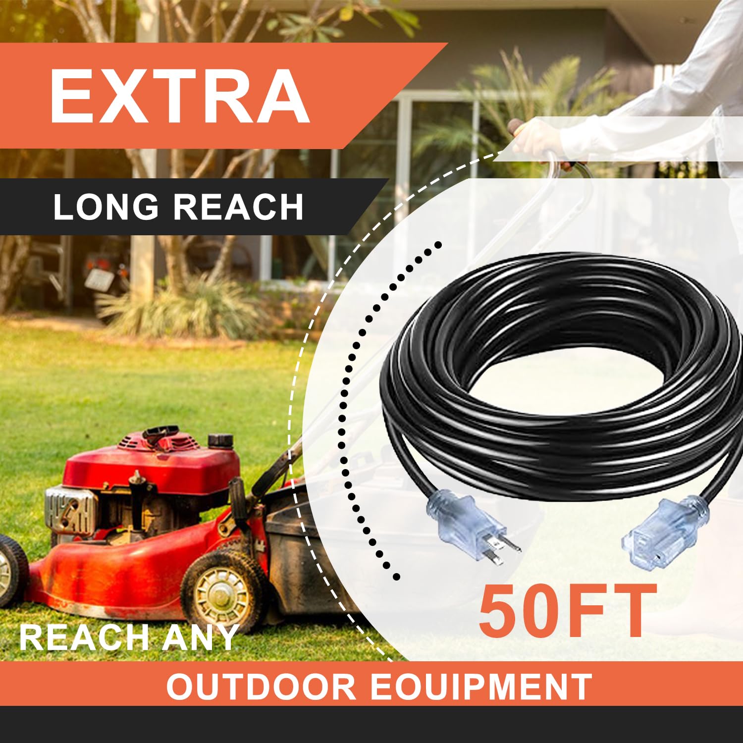 16/3 Gauge Black Outdoor Extension Cord 50 Ft Waterproof With Lighted Indicator, Cold Weatherproof  40C, Flexible 3 Prong Extens