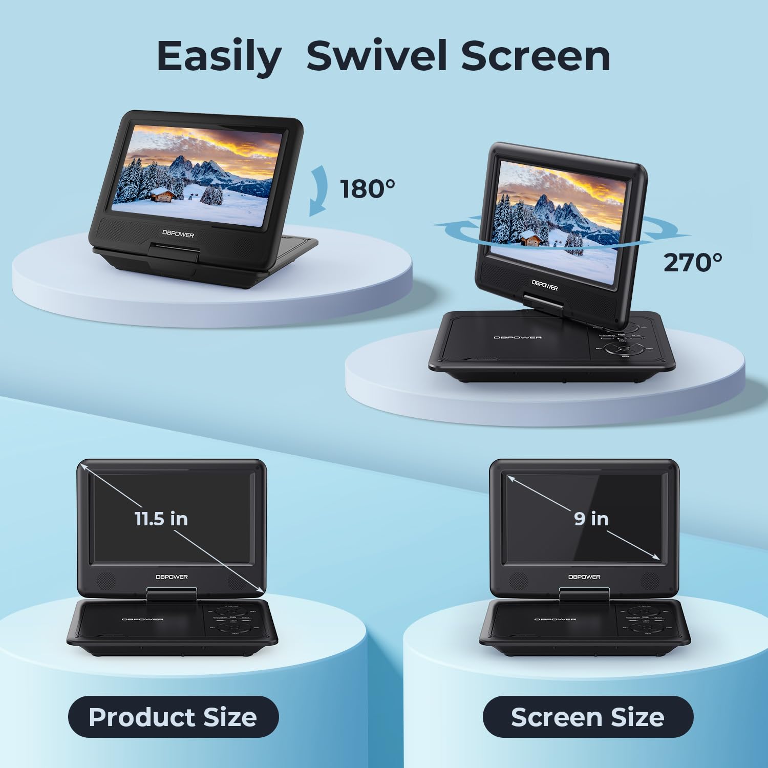 Dbpower 11.5'' Portable Dvd Player, 5 Hour Built In Rechargeable Battery, 9'' Swivel Screen, Support Cd/Dvd/Sd Card/Usb, Remote