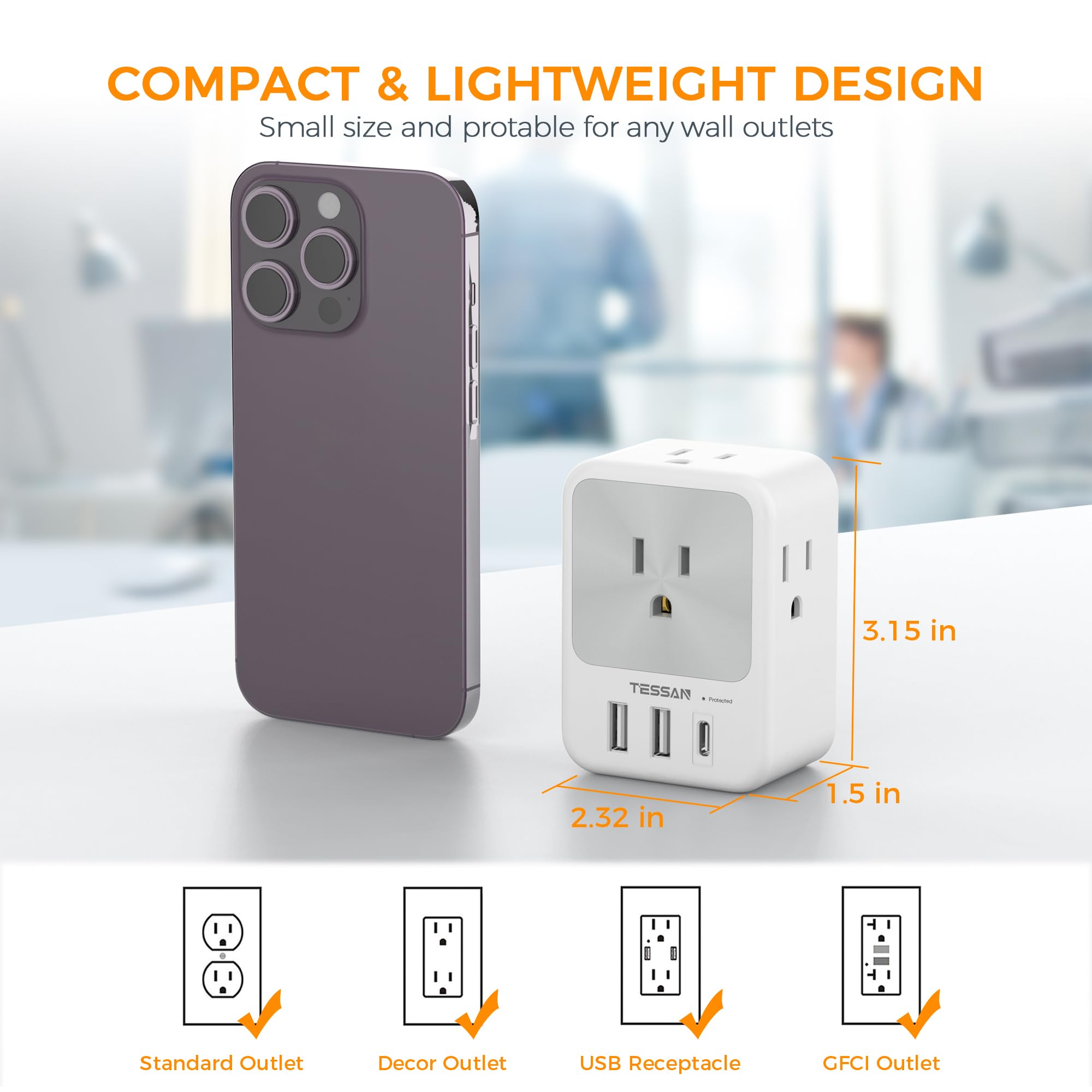 Surge Protector Wall Outlet Extender, Tessan Multi Plug Outlet Splitter With 3 Usb Charging Blocks(1 Usb C), Multi Plug Outlet A